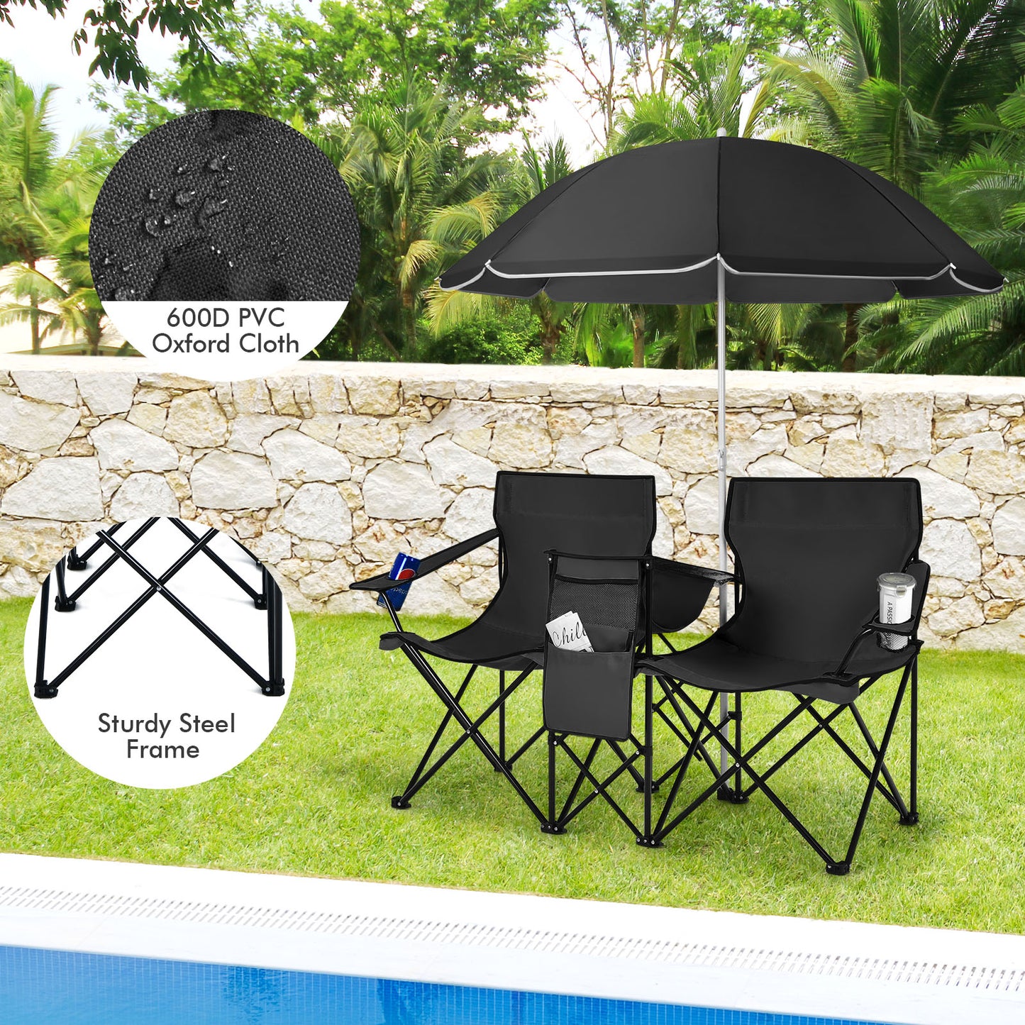 Folding Double Chair with Umbrella and Cooler Bag