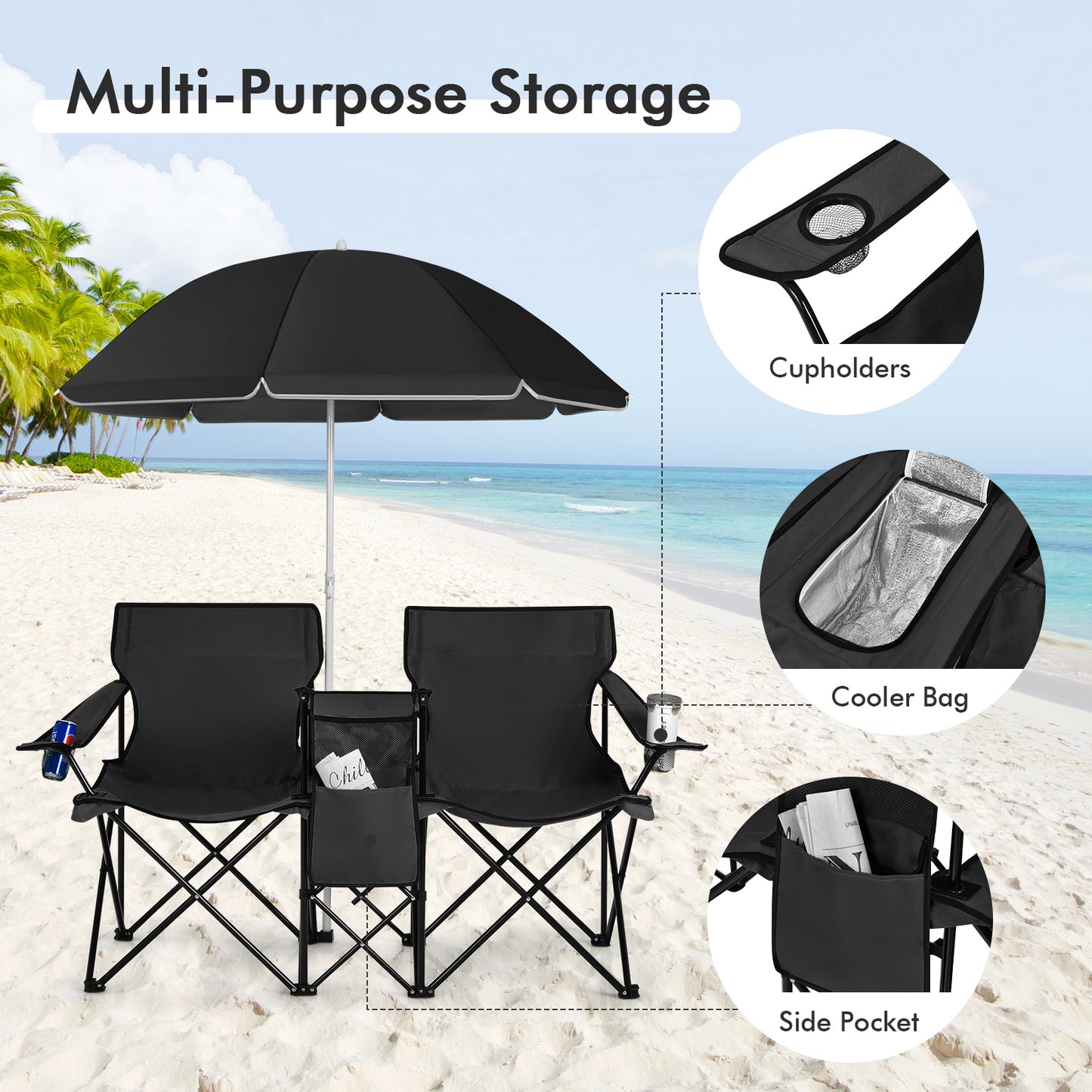 Folding Double Chair with Umbrella and Cooler Bag