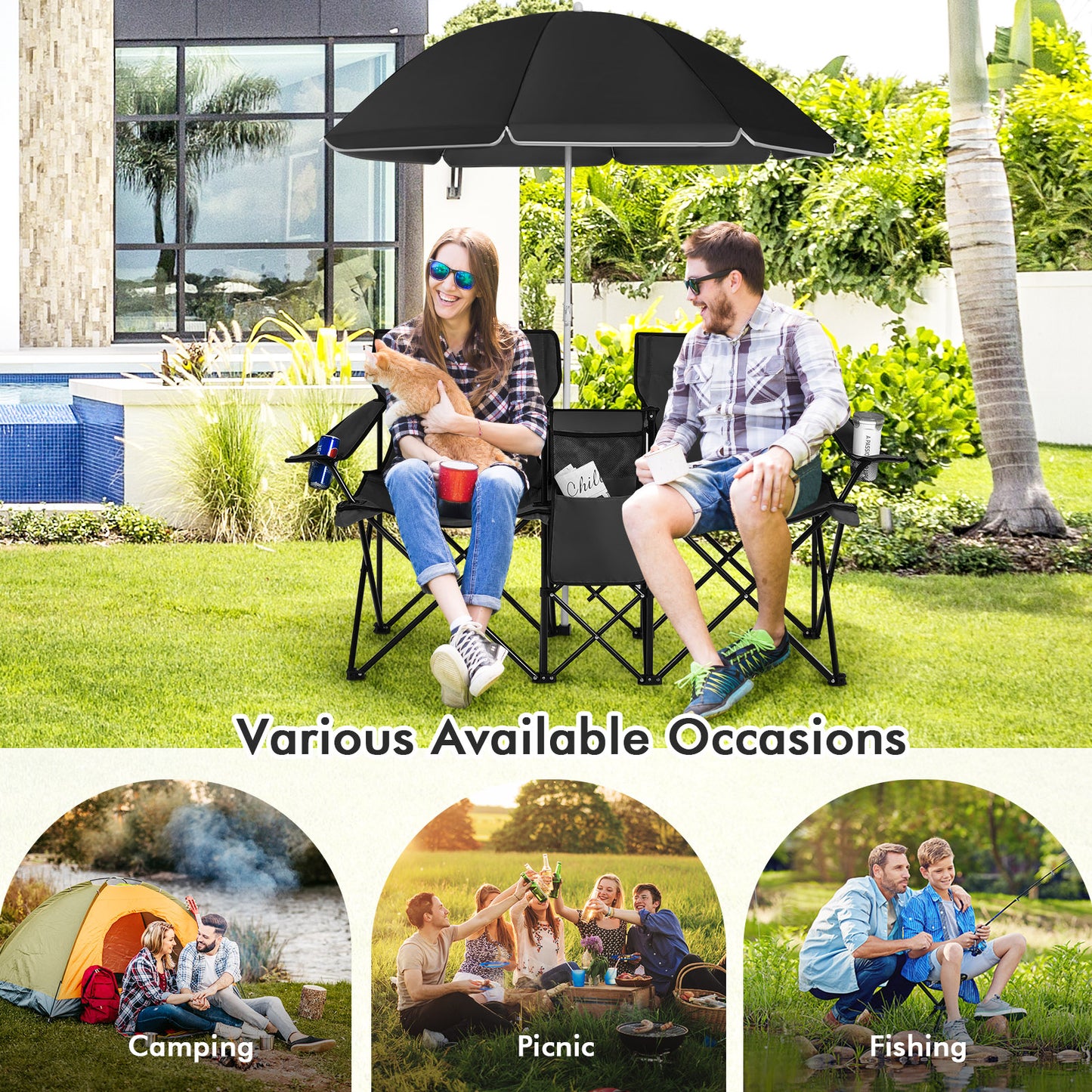 Folding Double Chair with Umbrella and Cooler Bag