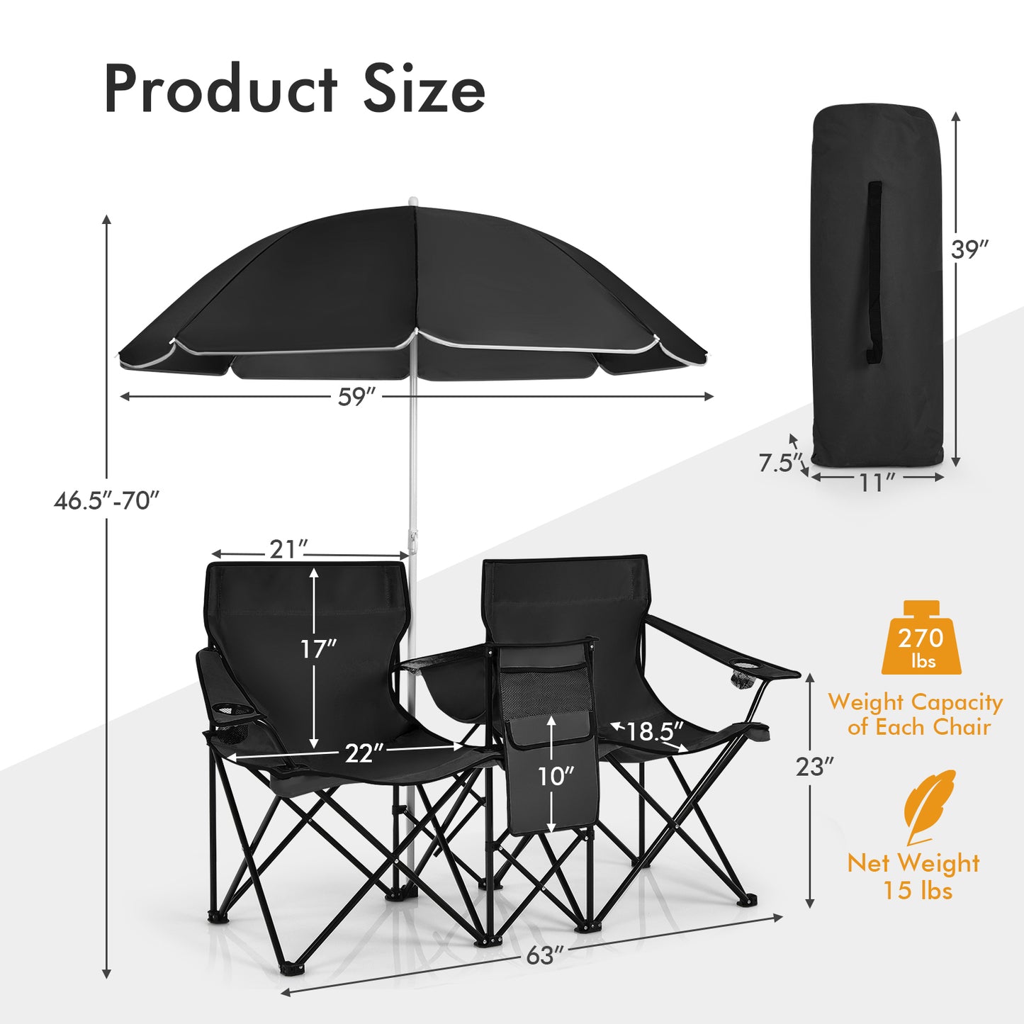Folding Double Chair with Umbrella and Cooler Bag