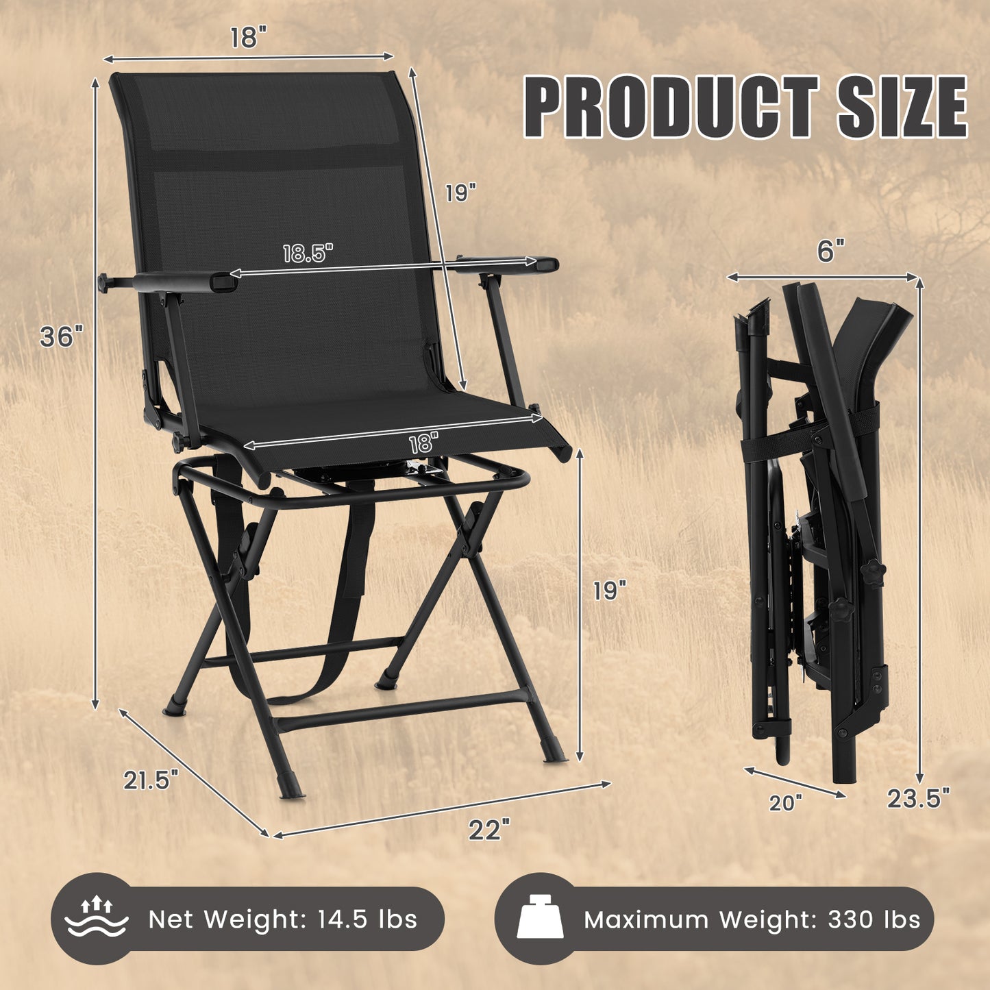Foldable Swivel Hunting Chair with Mesh Back