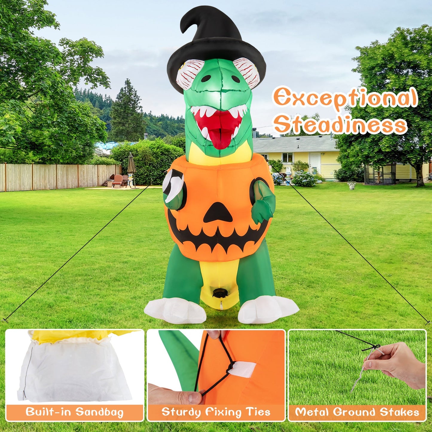 Blow up Inflatable Pumpkin Dinosaur Yard Decoration with Built-in LED Lights