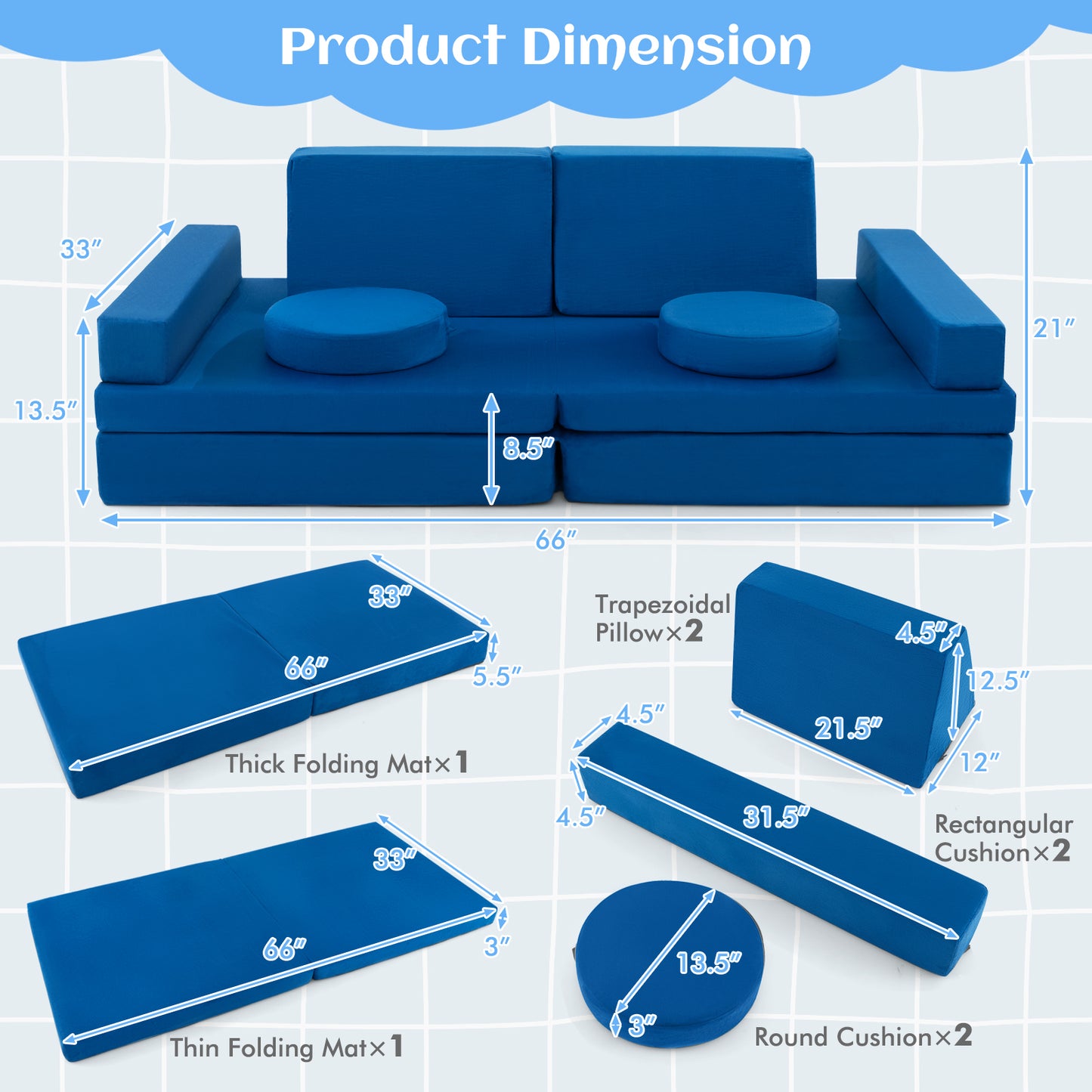 Kids Modular Play Couch 10-Piece Foam Sofa Set