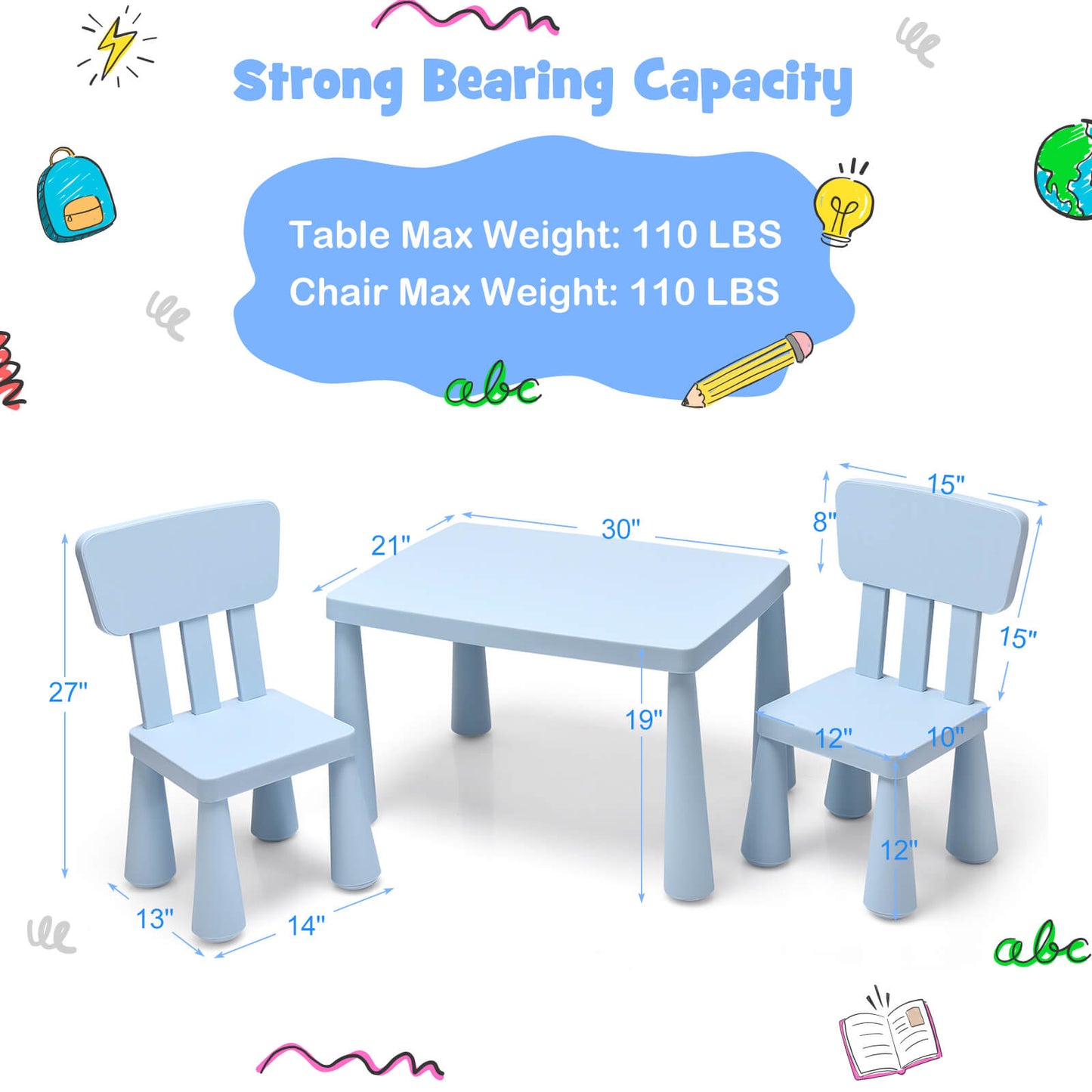 Kids Table and Chair Set - 3 Piece Multi Activity Play Set
