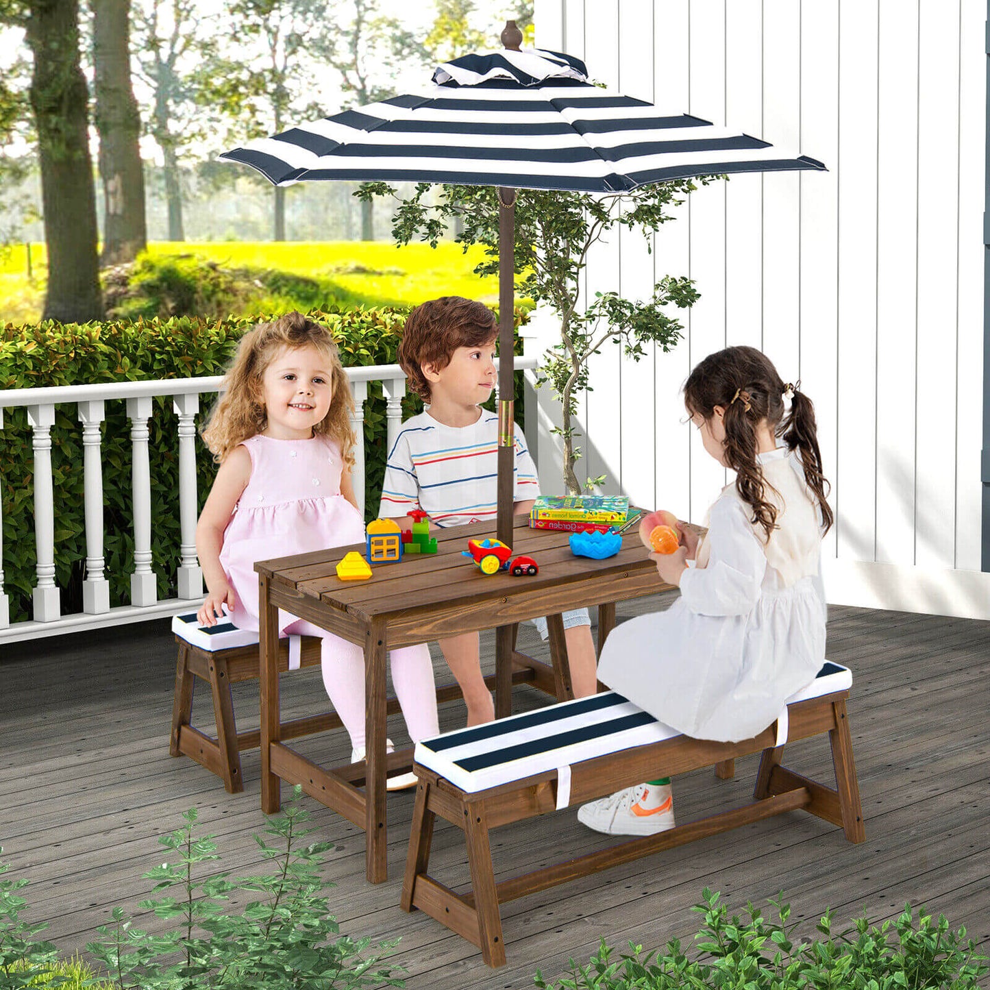 Kids Picnic Table and Bench Set with Umbrella and Cushions