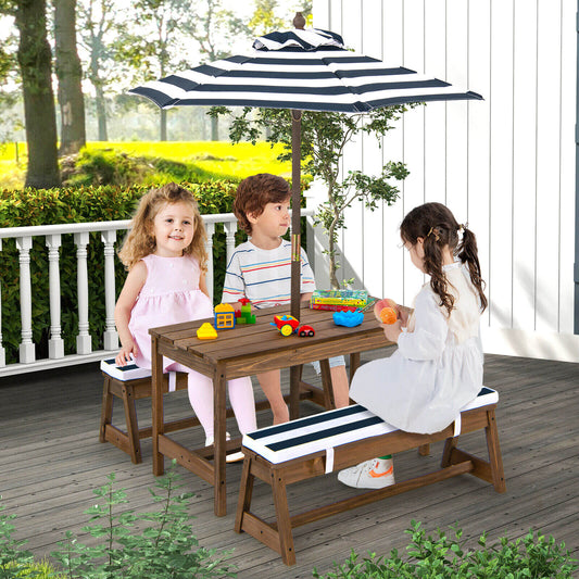 Kids Picnic Table and Bench Set with Umbrella and Cushions