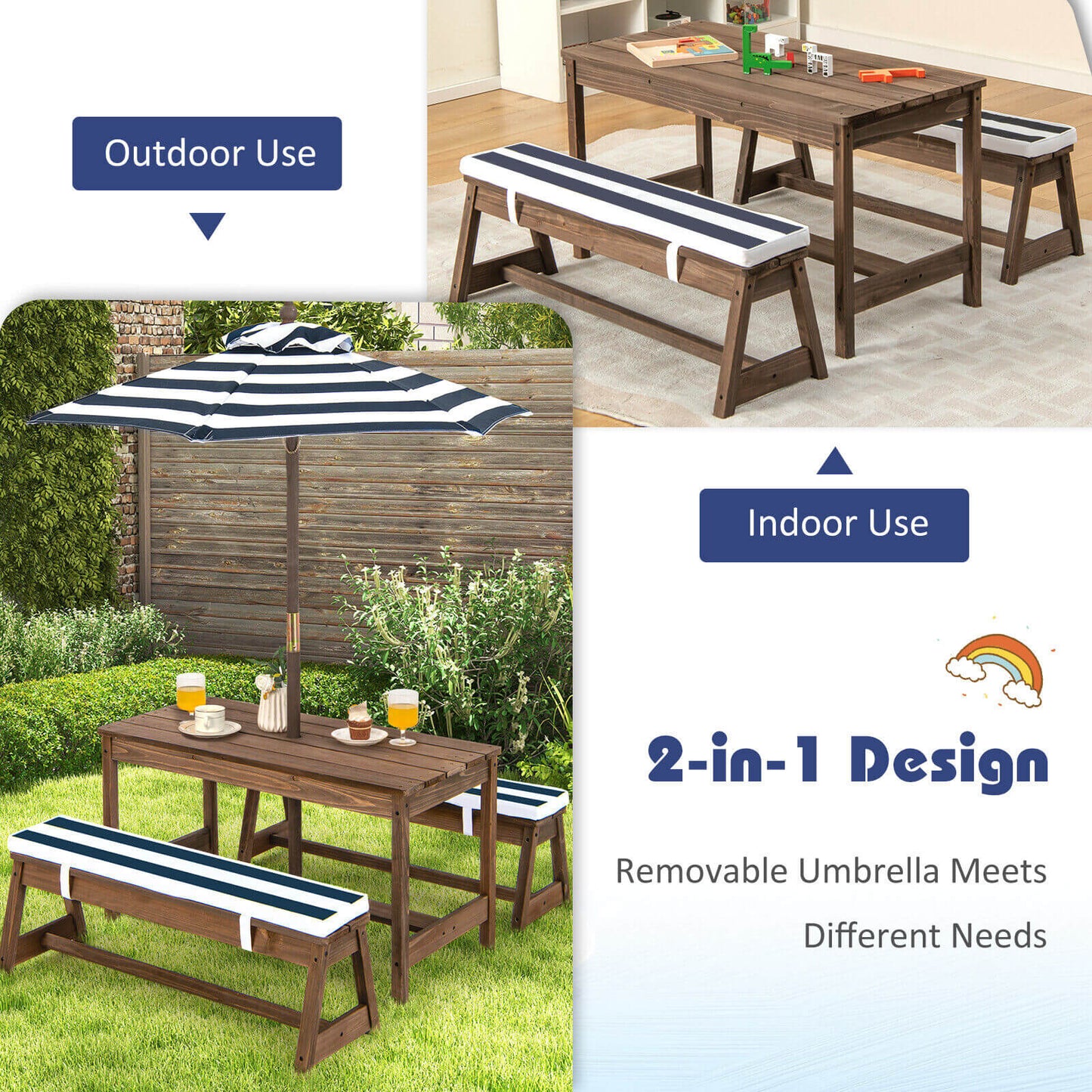 Kids Picnic Table and Bench Set with Umbrella and Cushions
