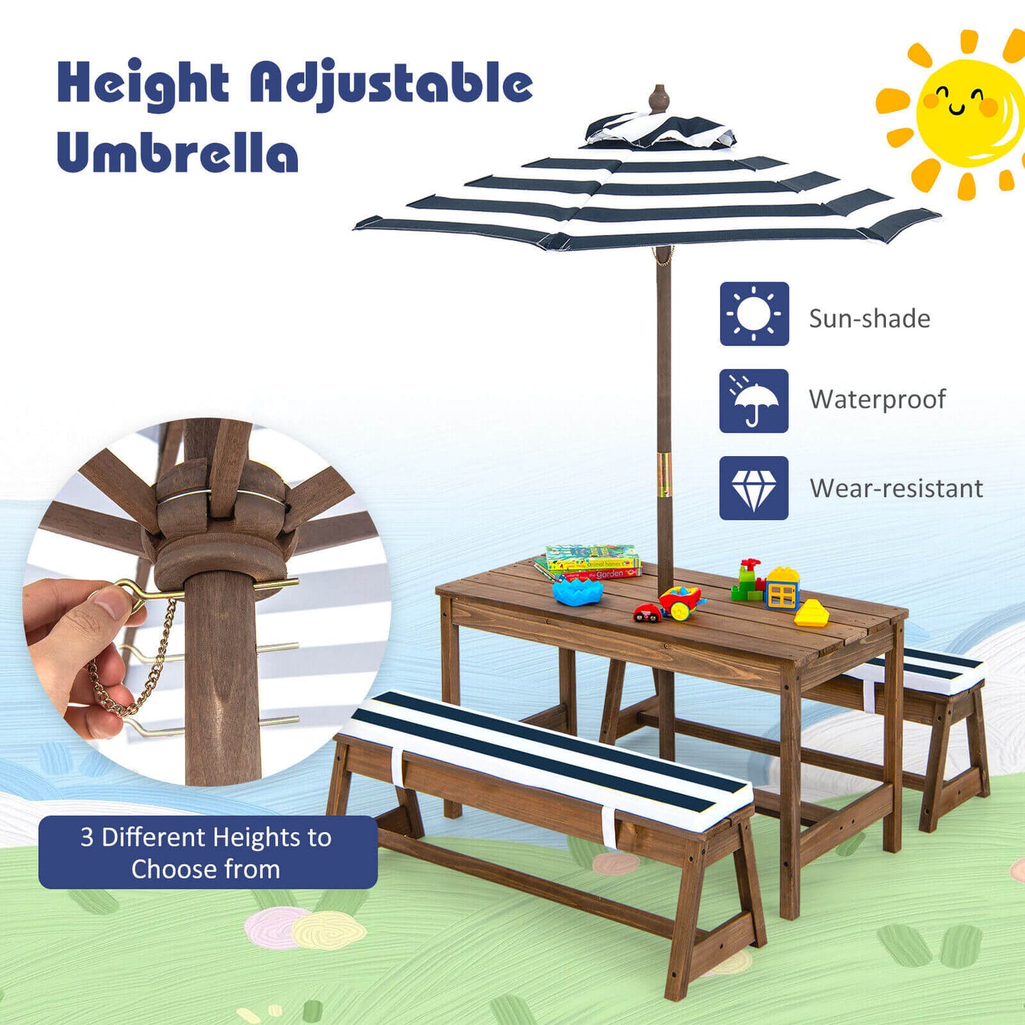 Kids Picnic Table and Bench Set with Umbrella and Cushions