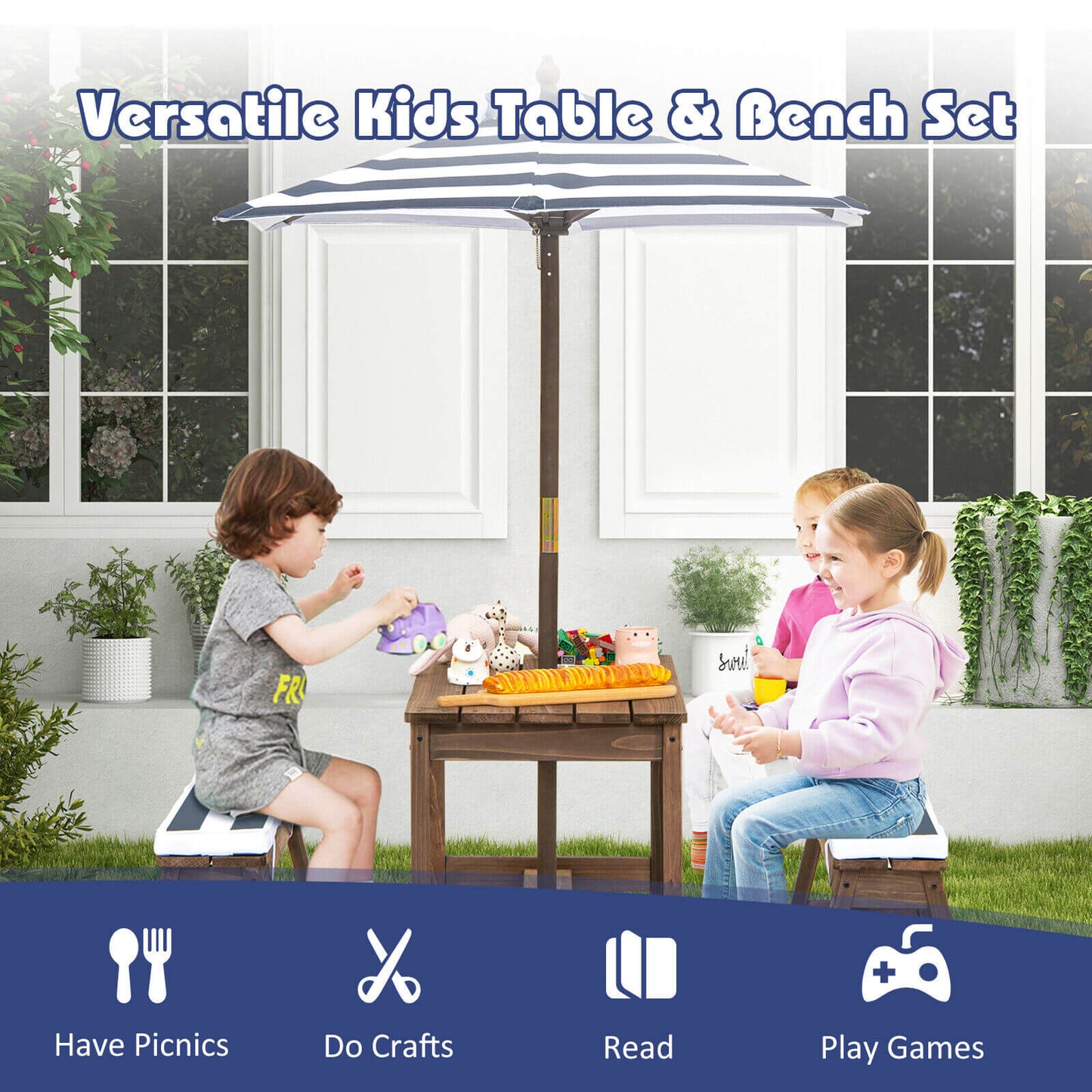 Kids Picnic Table and Bench Set with Umbrella and Cushions
