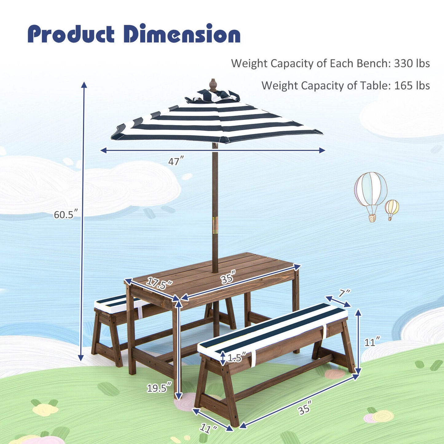 Kids Picnic Table and Bench Set with Umbrella and Cushions