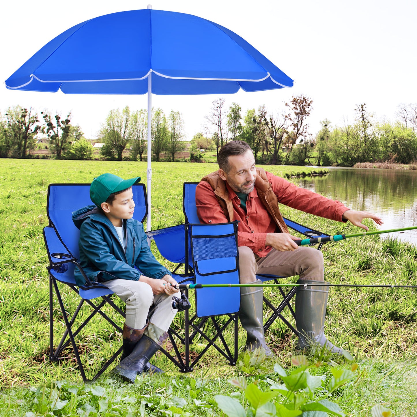 Folding Double Chair with Umbrella and Cooler Bag