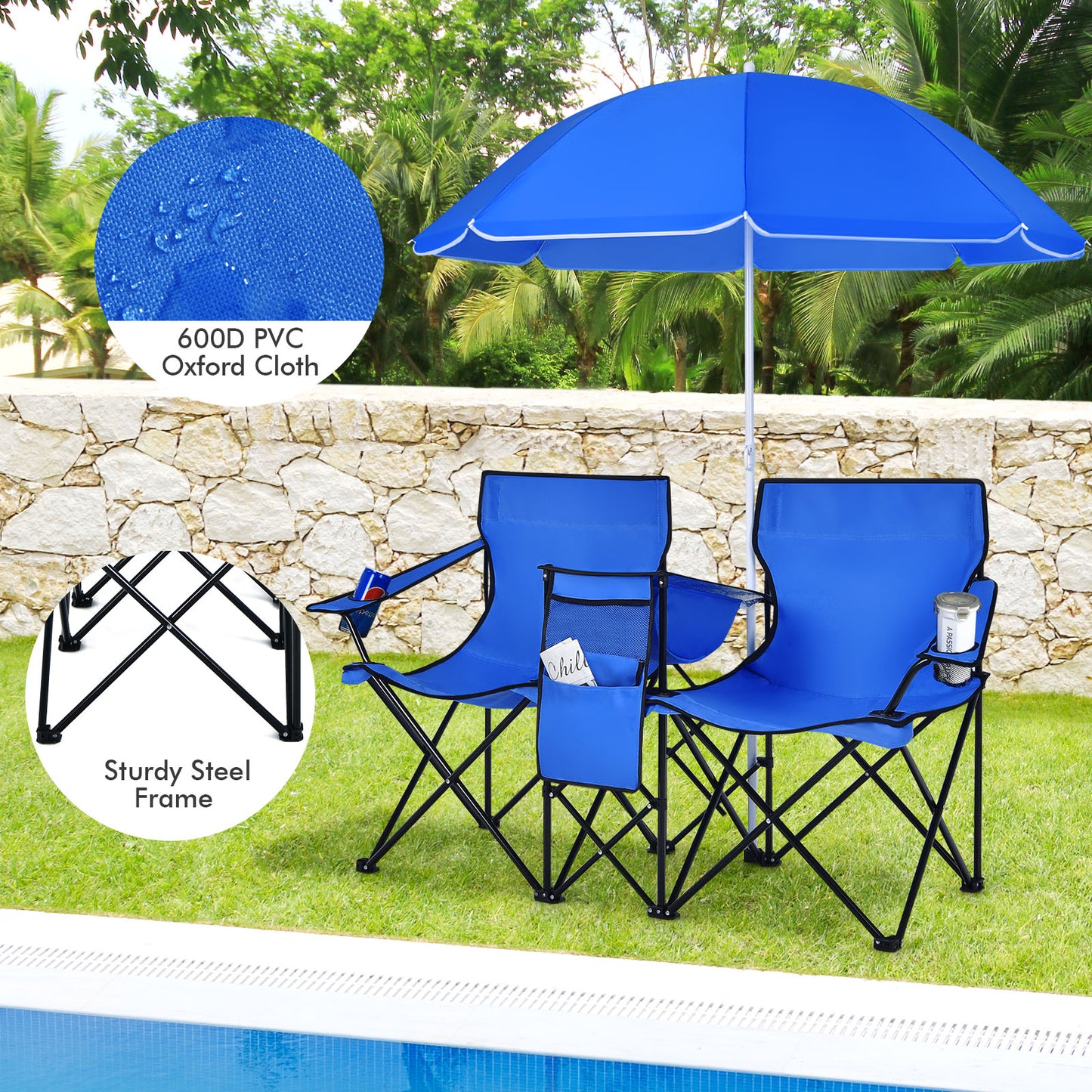 Folding Double Chair with Umbrella and Cooler Bag