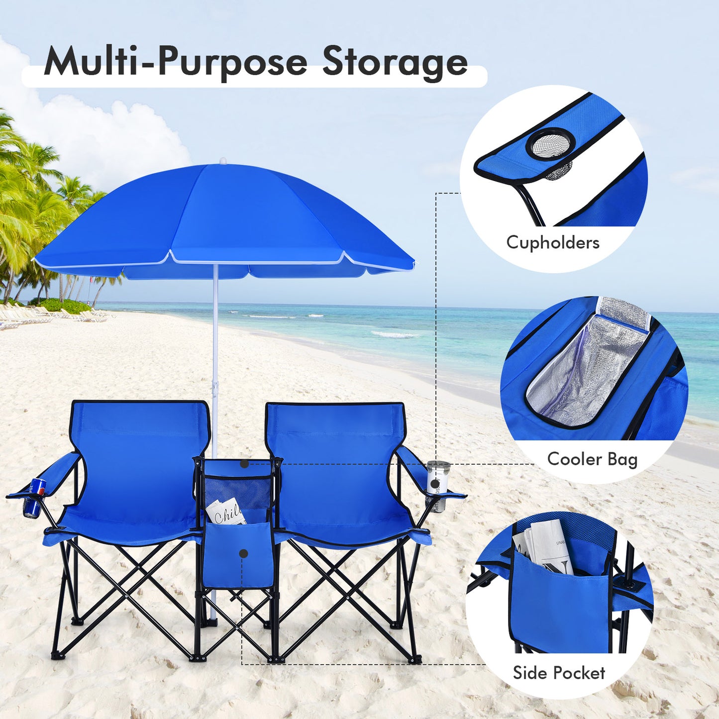 Folding Double Chair with Umbrella and Cooler Bag