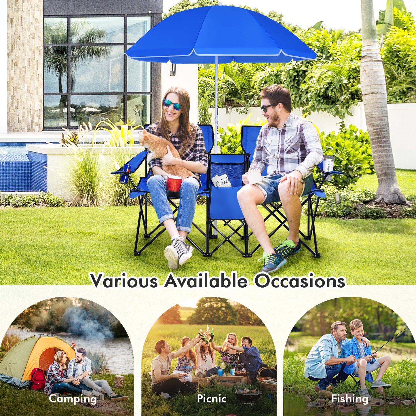 Folding Double Chair with Umbrella and Cooler Bag