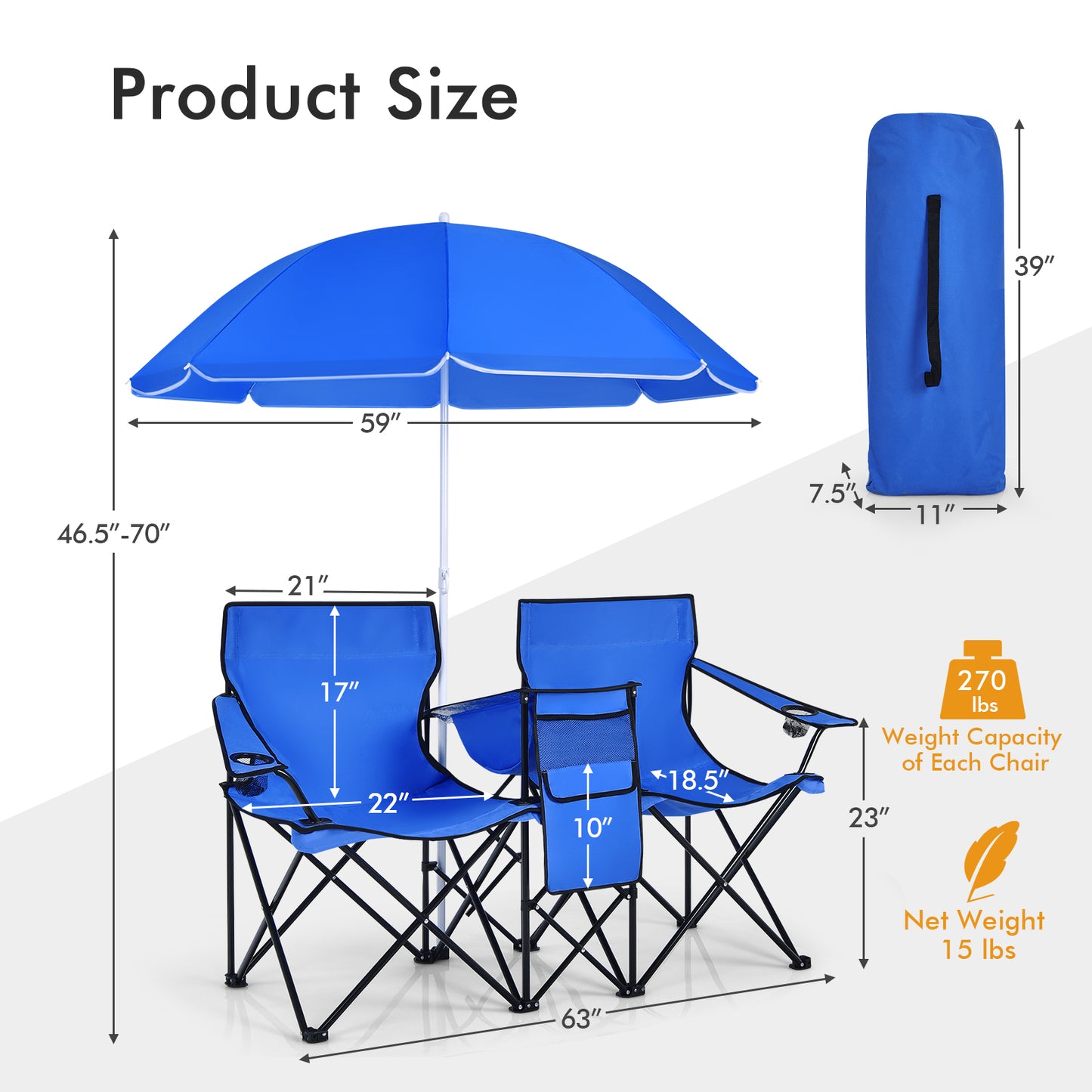 Folding Double Chair with Umbrella and Cooler Bag