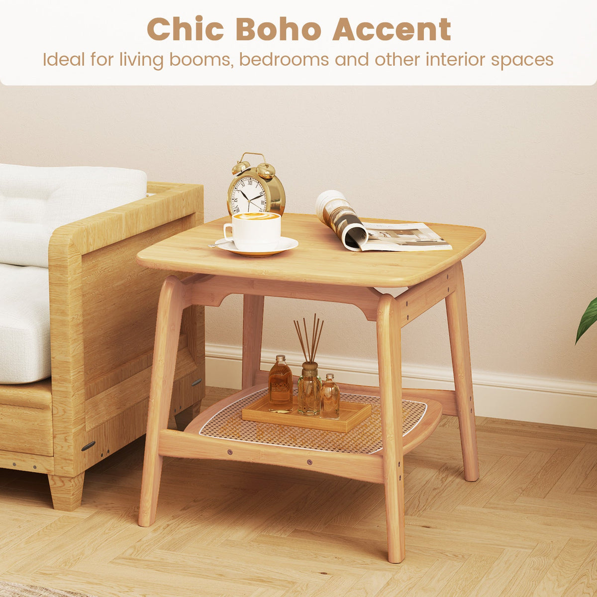 Boho Bamboo Sofa Side Table with Faux Rattan Storage Shelf-Natural