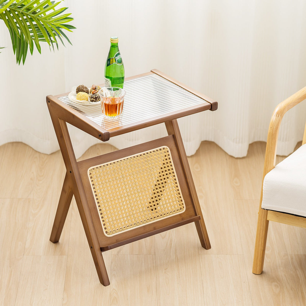 Boho End Table with Magazine Rack and Tempered Glass Top