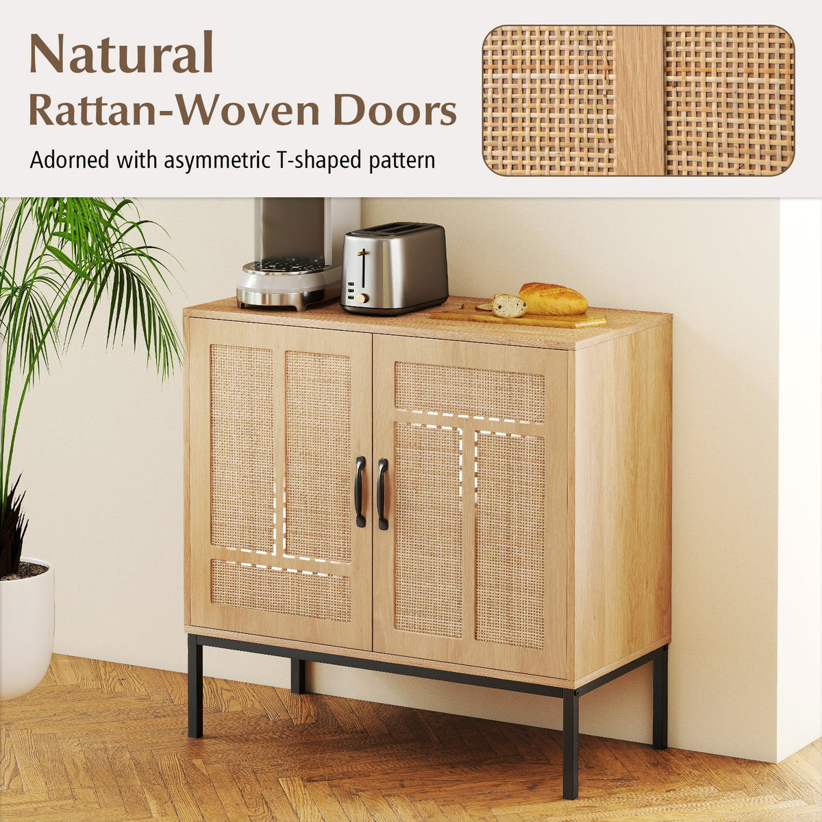 Boho Storage Cabinet with Asymmetrical Pattern Doors for Kitchen-Natural