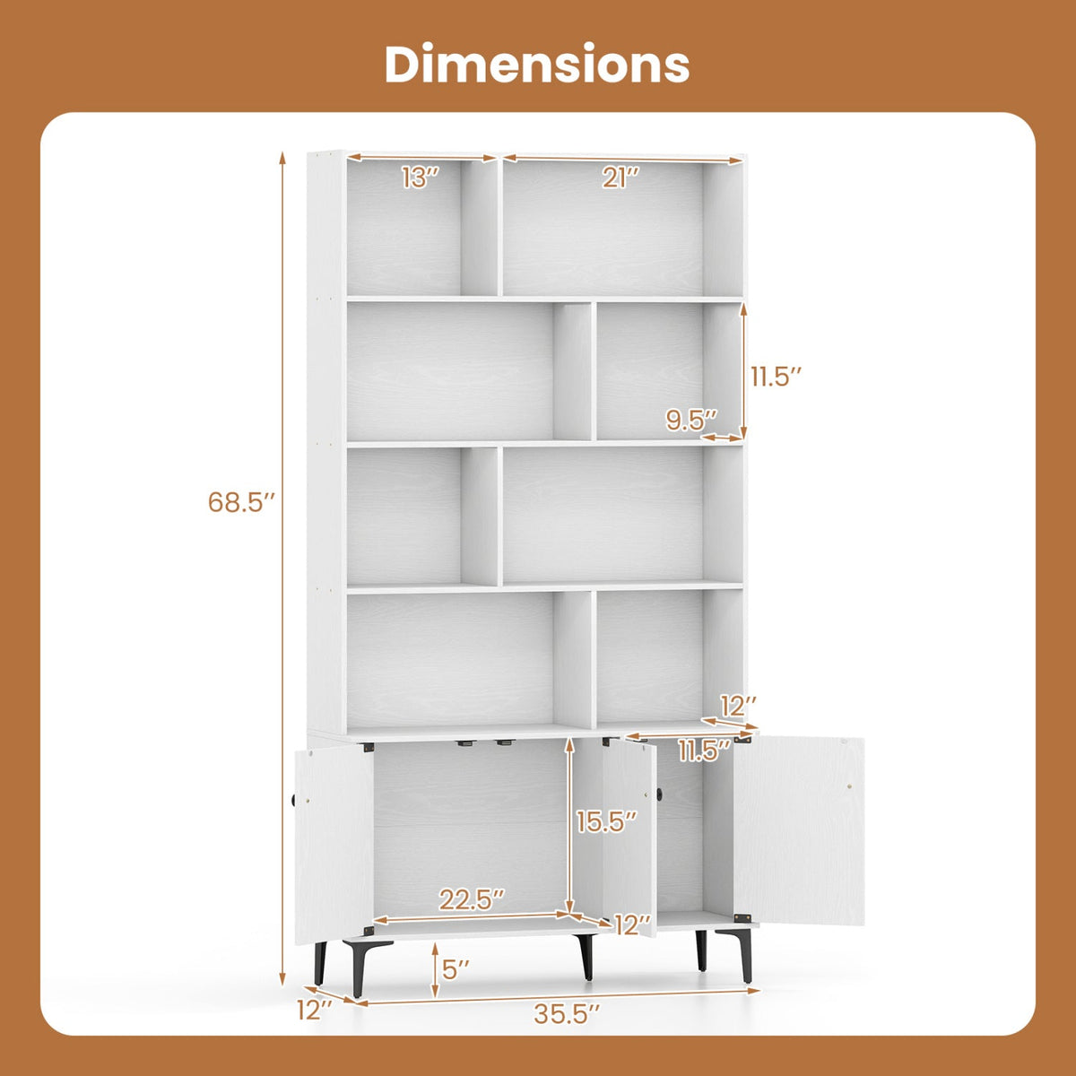 Bookshelf with 3 Doors and 2 Anti-Tipping Kits for Home Office