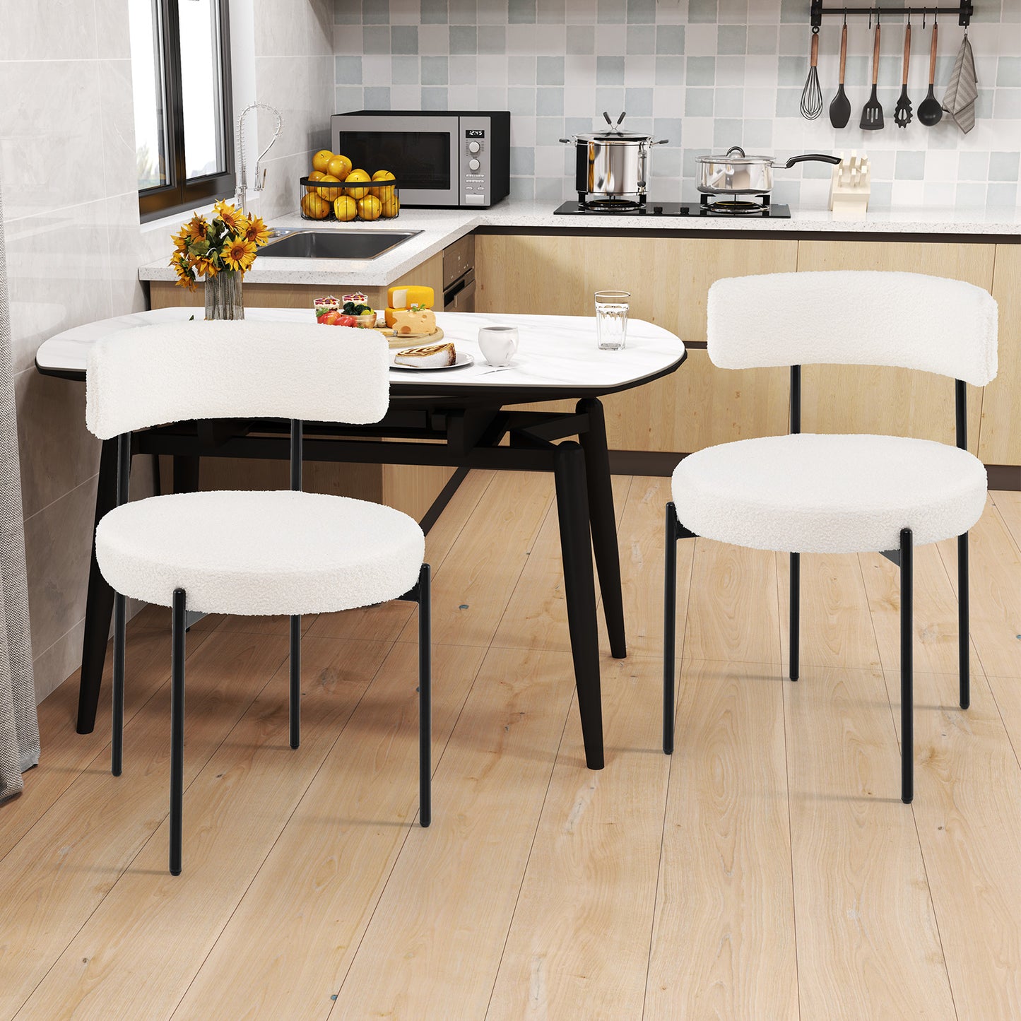 Boucle Dining Chairs Set of 2 with Curved Backrest