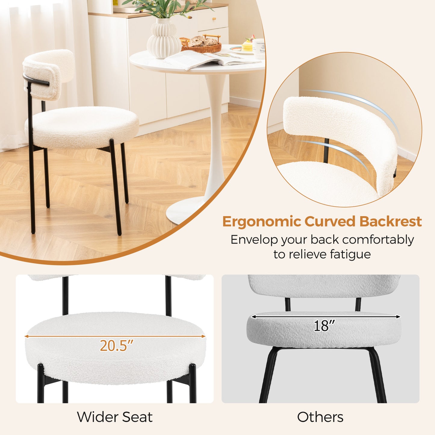 Boucle Dining Chairs Set of 2 with Curved Backrest