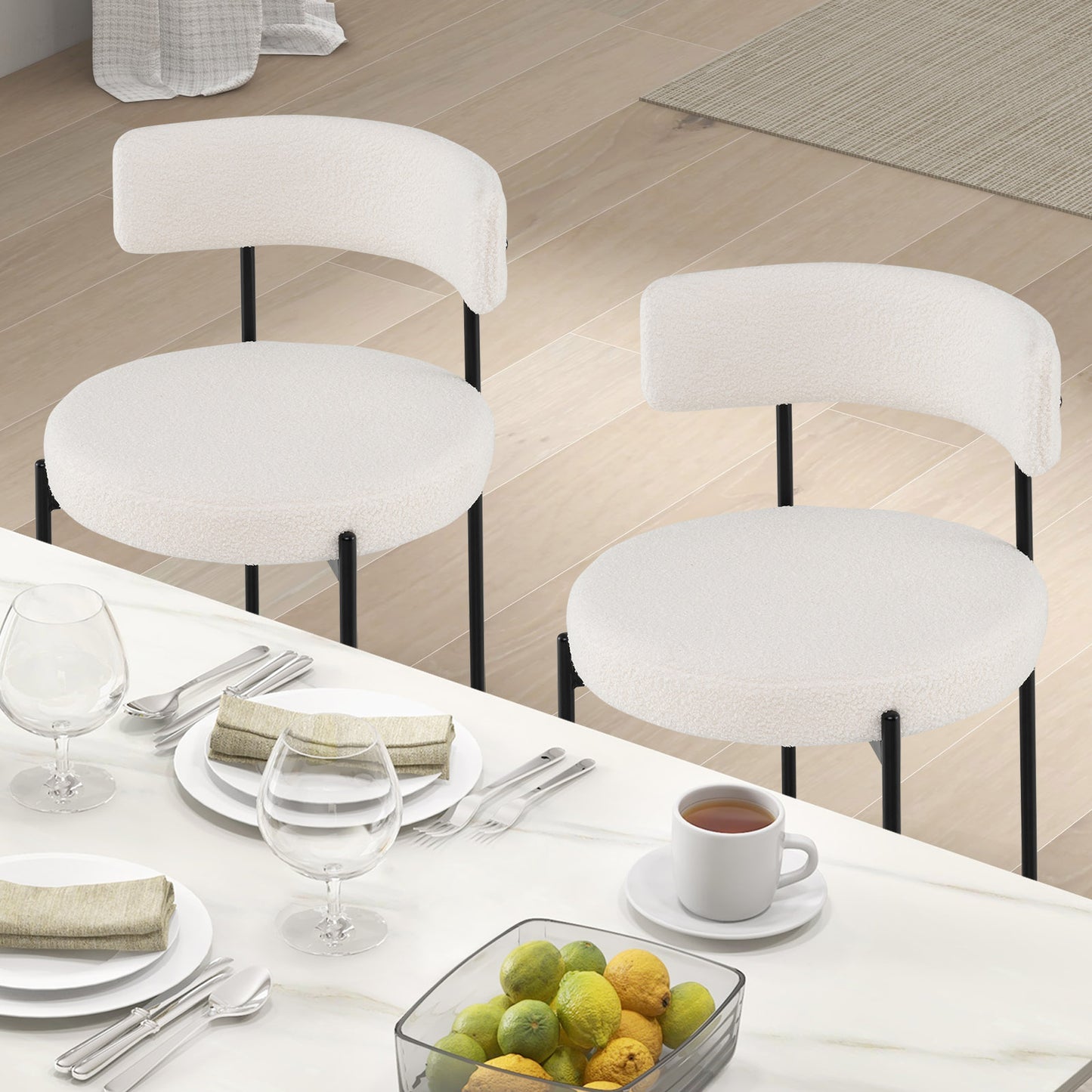 Boucle Dining Chairs Set of 4 with Curved Backrest