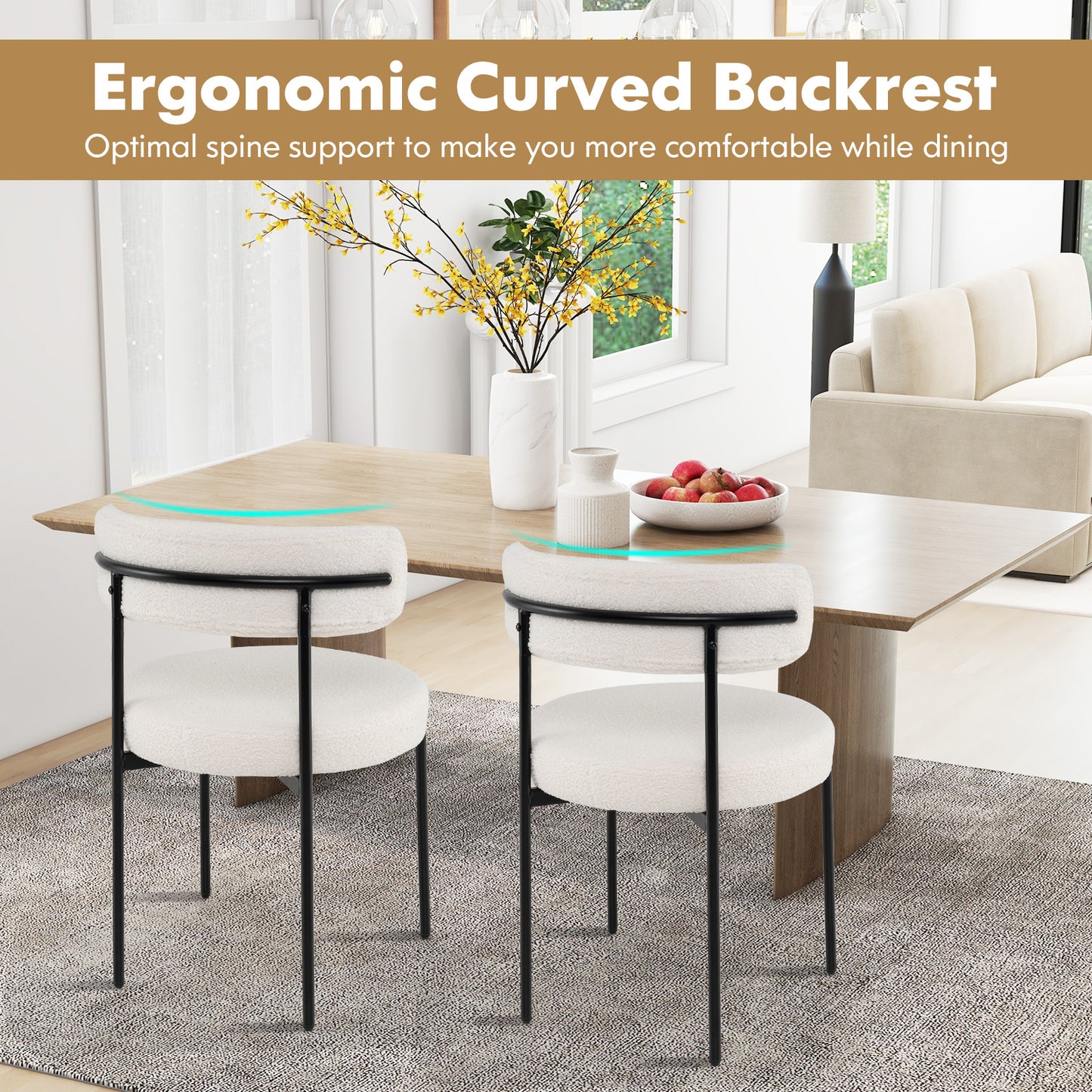 Boucle Dining Chairs Set of 4 with Curved Backrest
