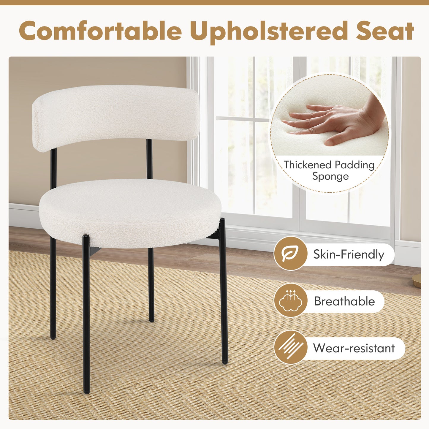 Boucle Dining Chairs Set of 4 with Curved Backrest