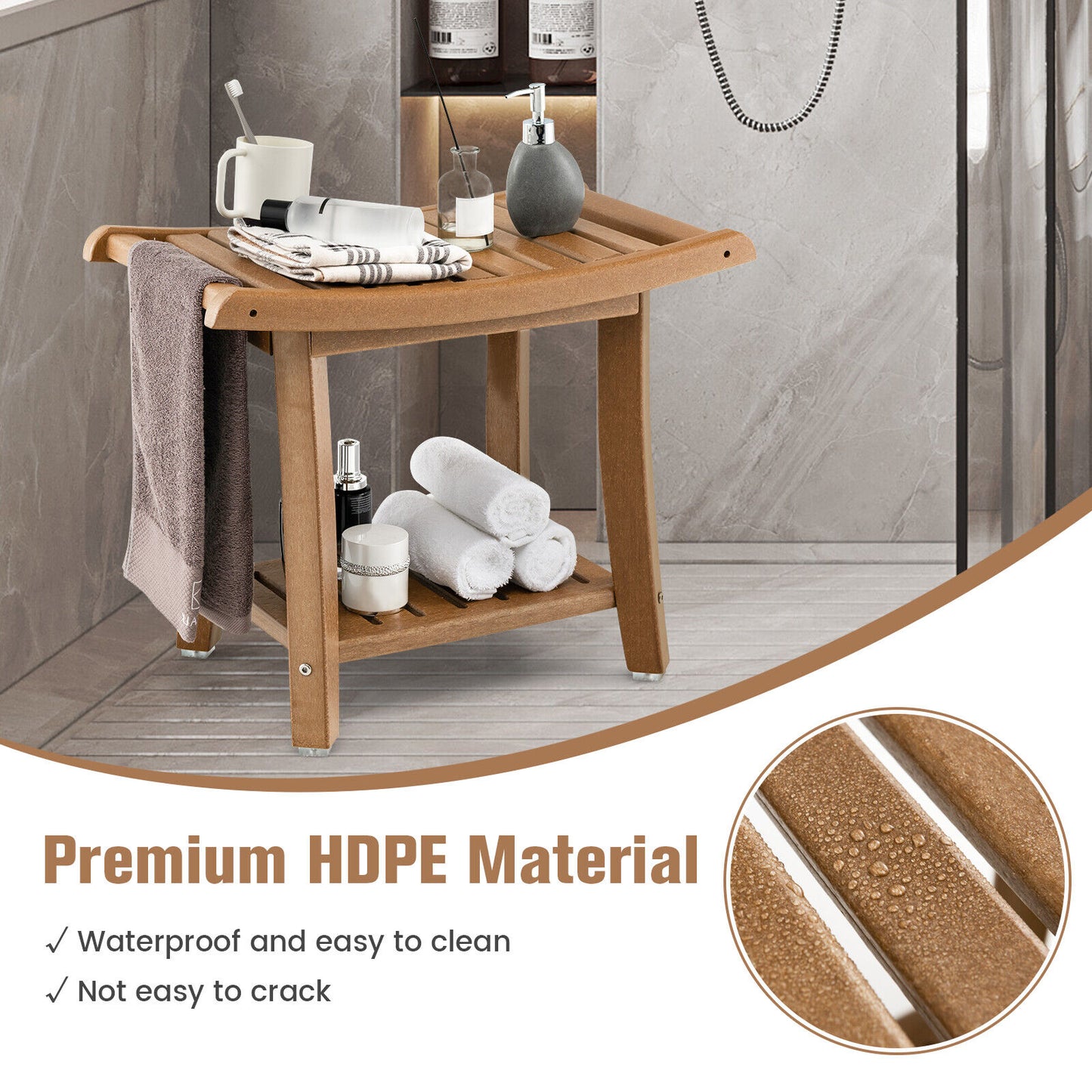Waterproof Bath Stool with Curved Seat and Storage Shelf