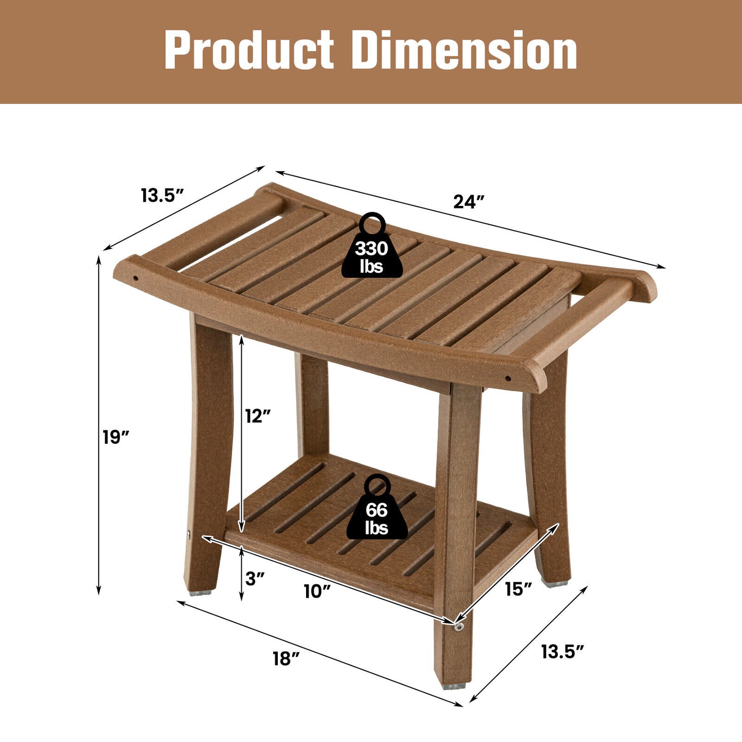 Waterproof Bath Stool with Curved Seat and Storage Shelf