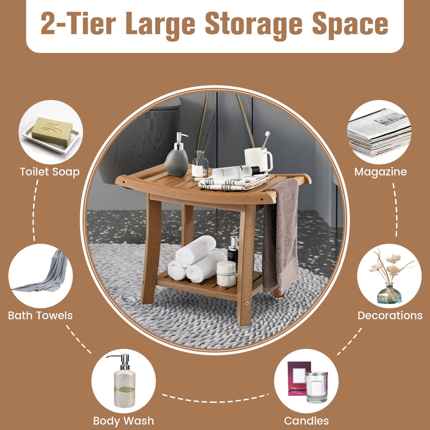 Waterproof Bath Stool with Curved Seat and Storage Shelf