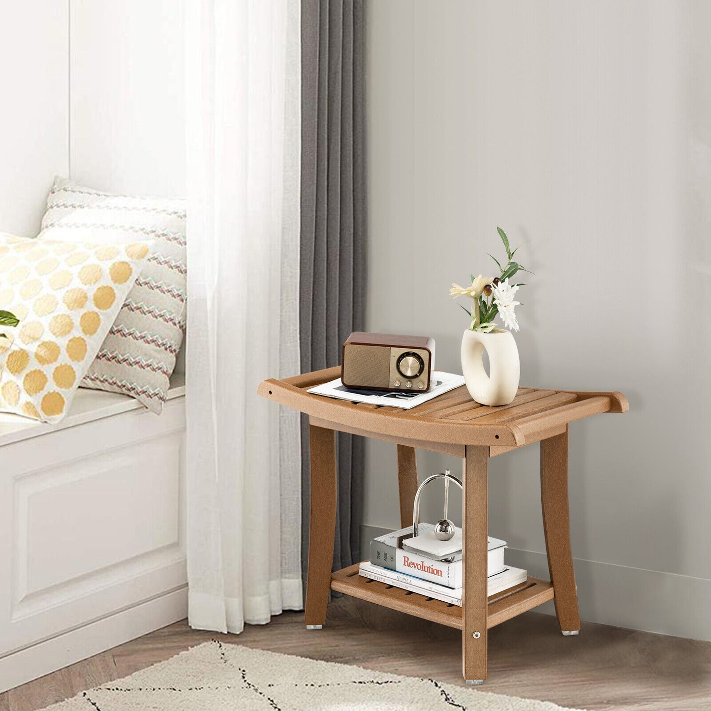 Waterproof Bath Stool with Curved Seat and Storage Shelf
