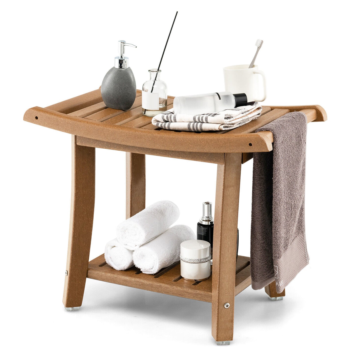 Waterproof Bath Stool with Curved Seat and Storage Shelf