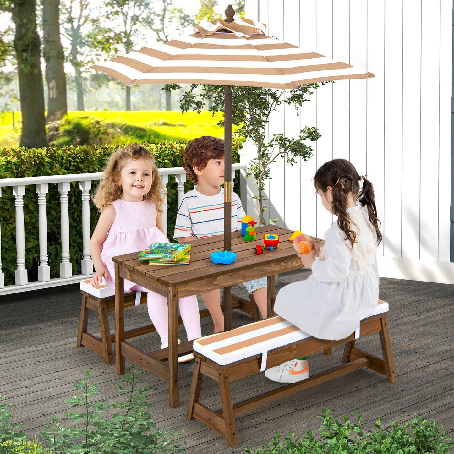 Kids Picnic Table and Bench Set with Umbrella and Cushions