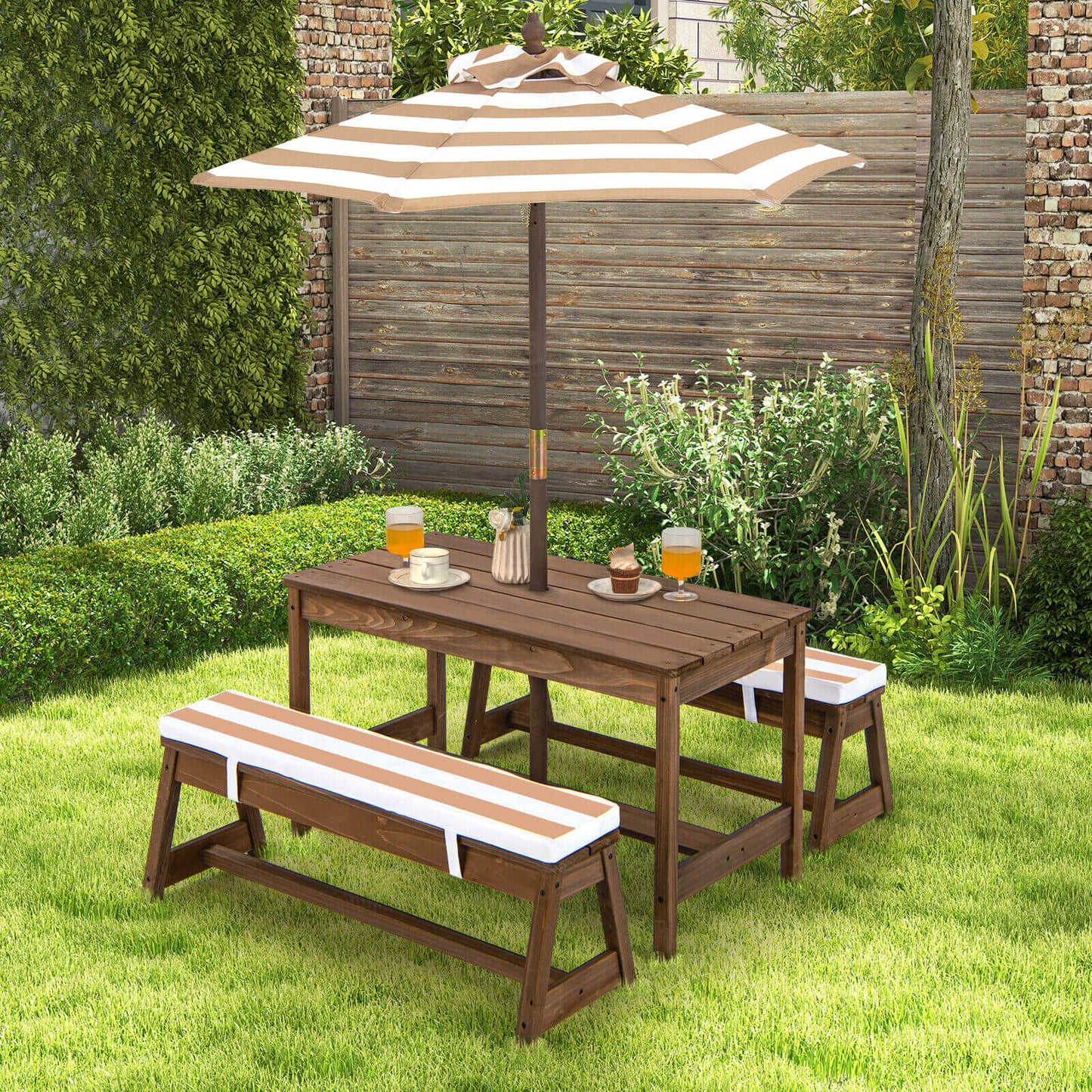 Kids Picnic Table and Bench Set with Umbrella and Cushions