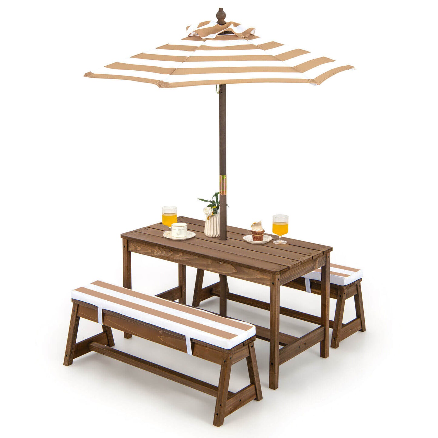 Kids Picnic Table and Bench Set with Umbrella and Cushions