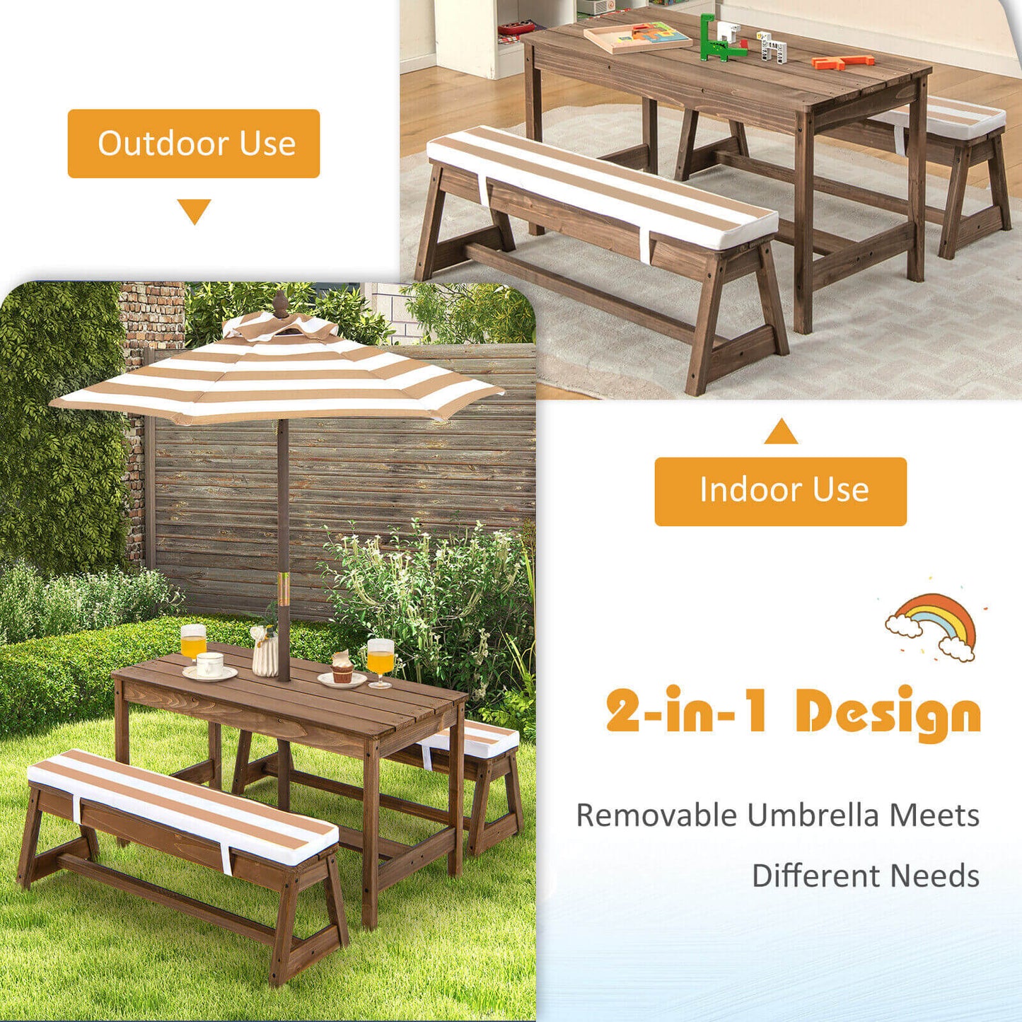Kids Picnic Table and Bench Set with Umbrella and Cushions