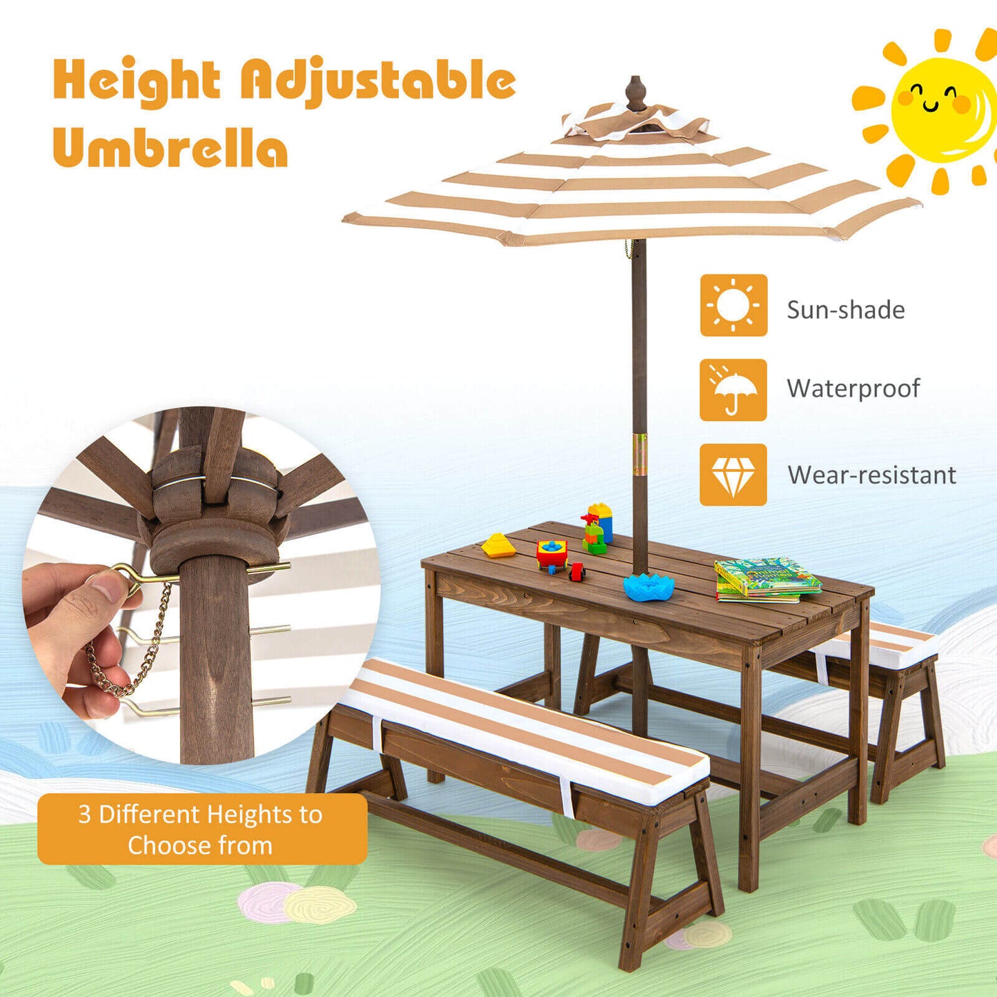 Kids Picnic Table and Bench Set with Umbrella and Cushions