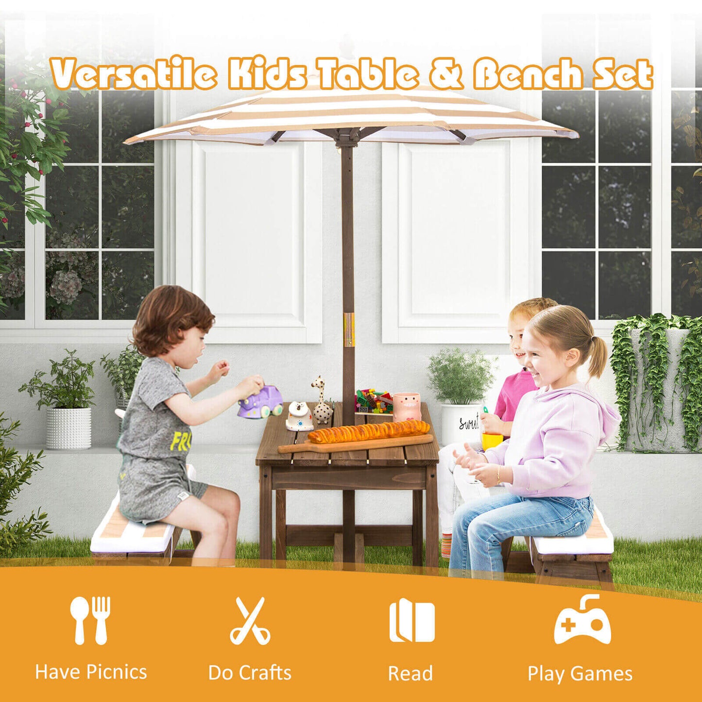 Kids Picnic Table and Bench Set with Umbrella and Cushions