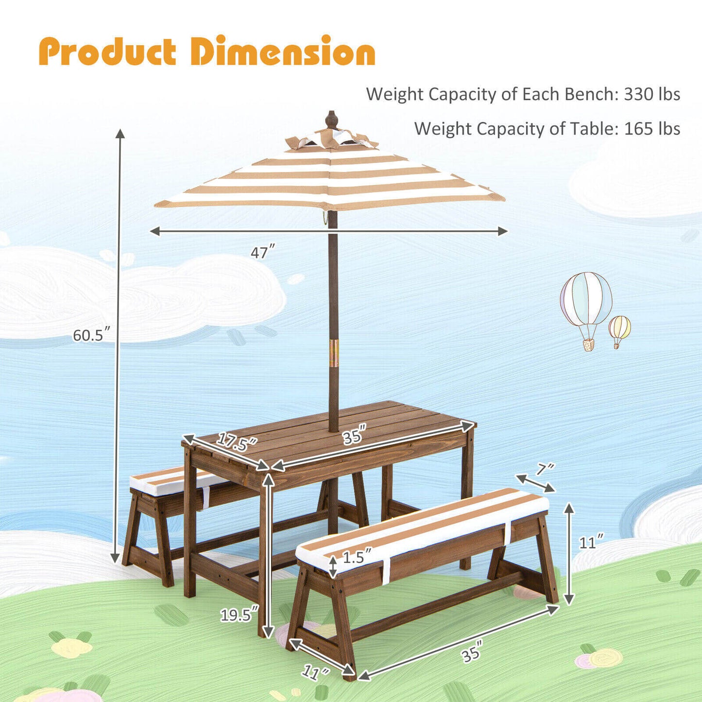 Kids Picnic Table and Bench Set with Umbrella and Cushions