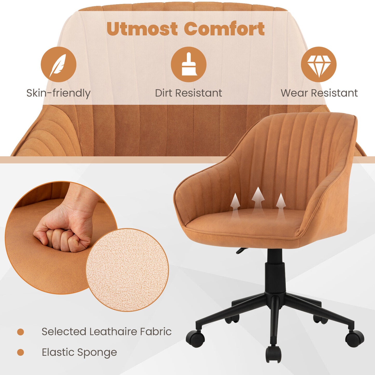 Swivel Office Chair with Curved Backrest - Brown