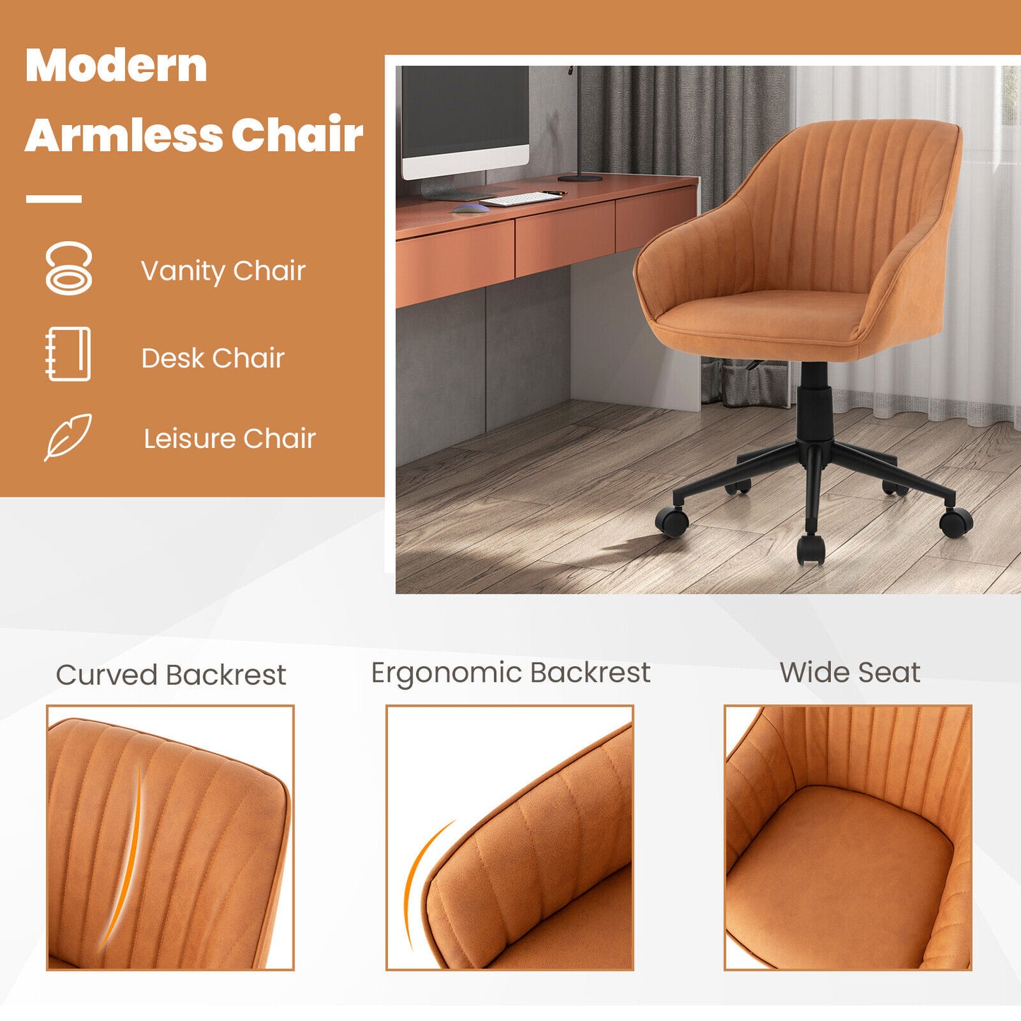 Swivel Office Chair with Curved Backrest - Brown