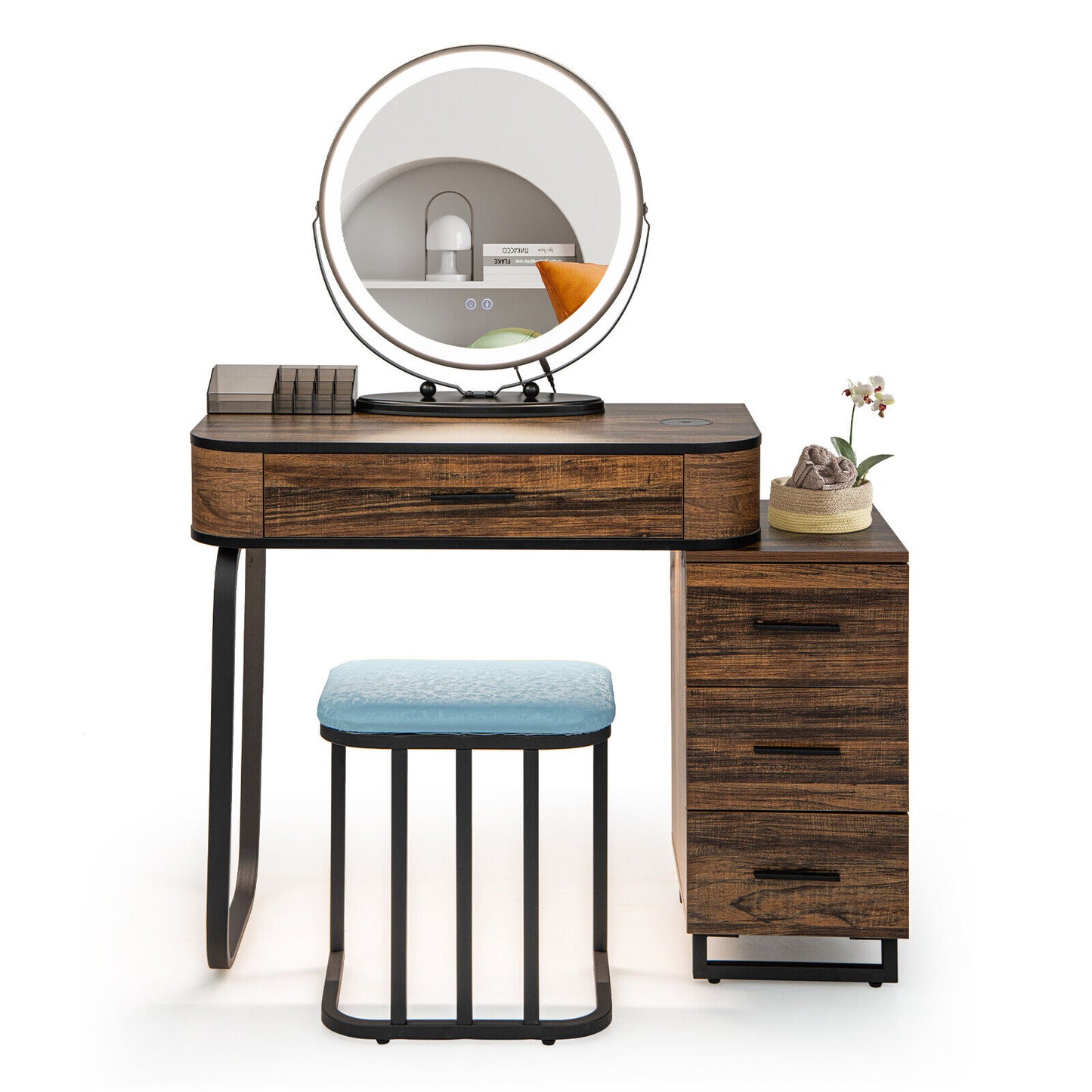 Lighted Makeup Vanity Table Set with Charging Station & Stool
