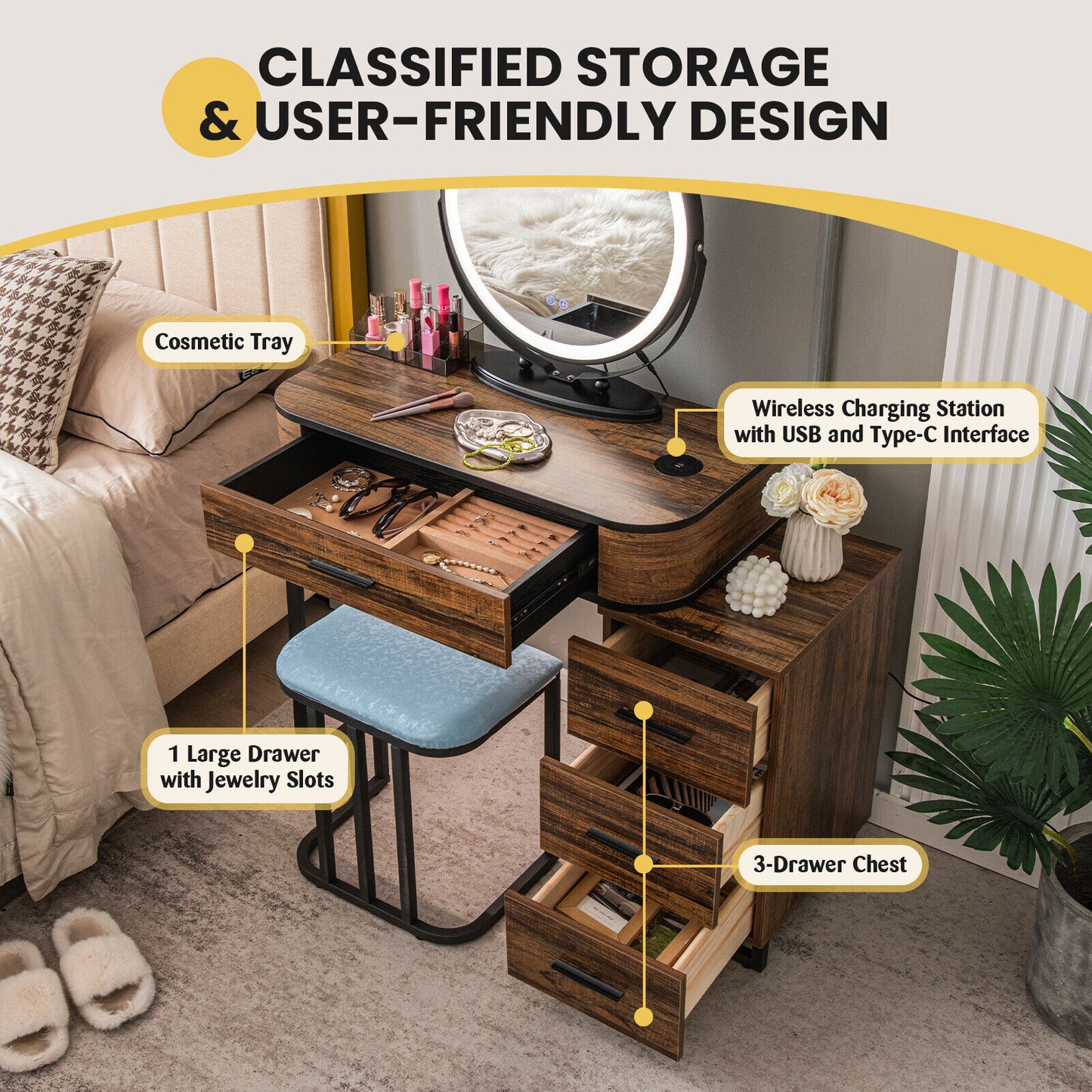 Lighted Makeup Vanity Table Set with Charging Station & Stool