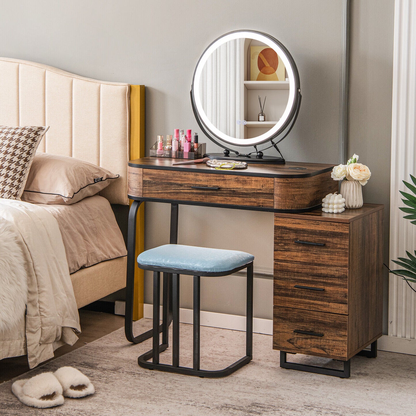 Lighted Makeup Vanity Table Set with Charging Station & Stool