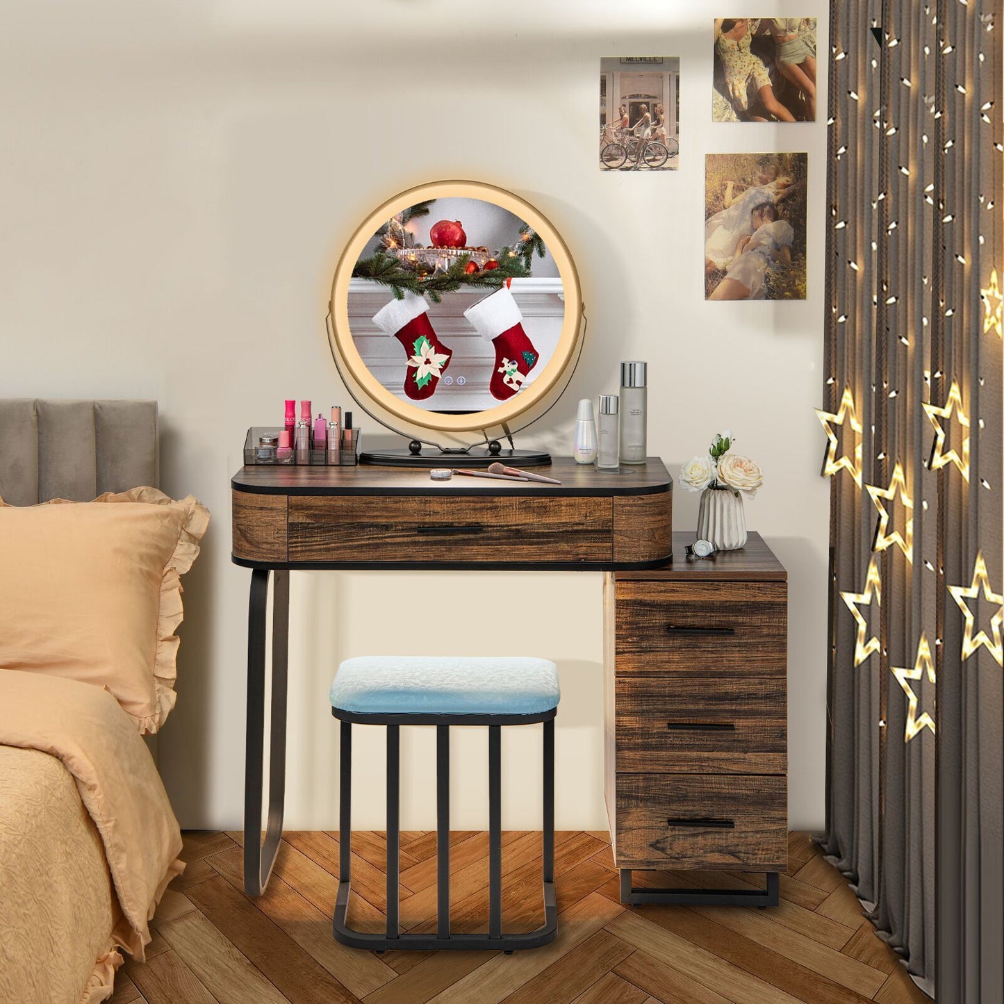 Lighted Makeup Vanity Table Set with Charging Station & Stool