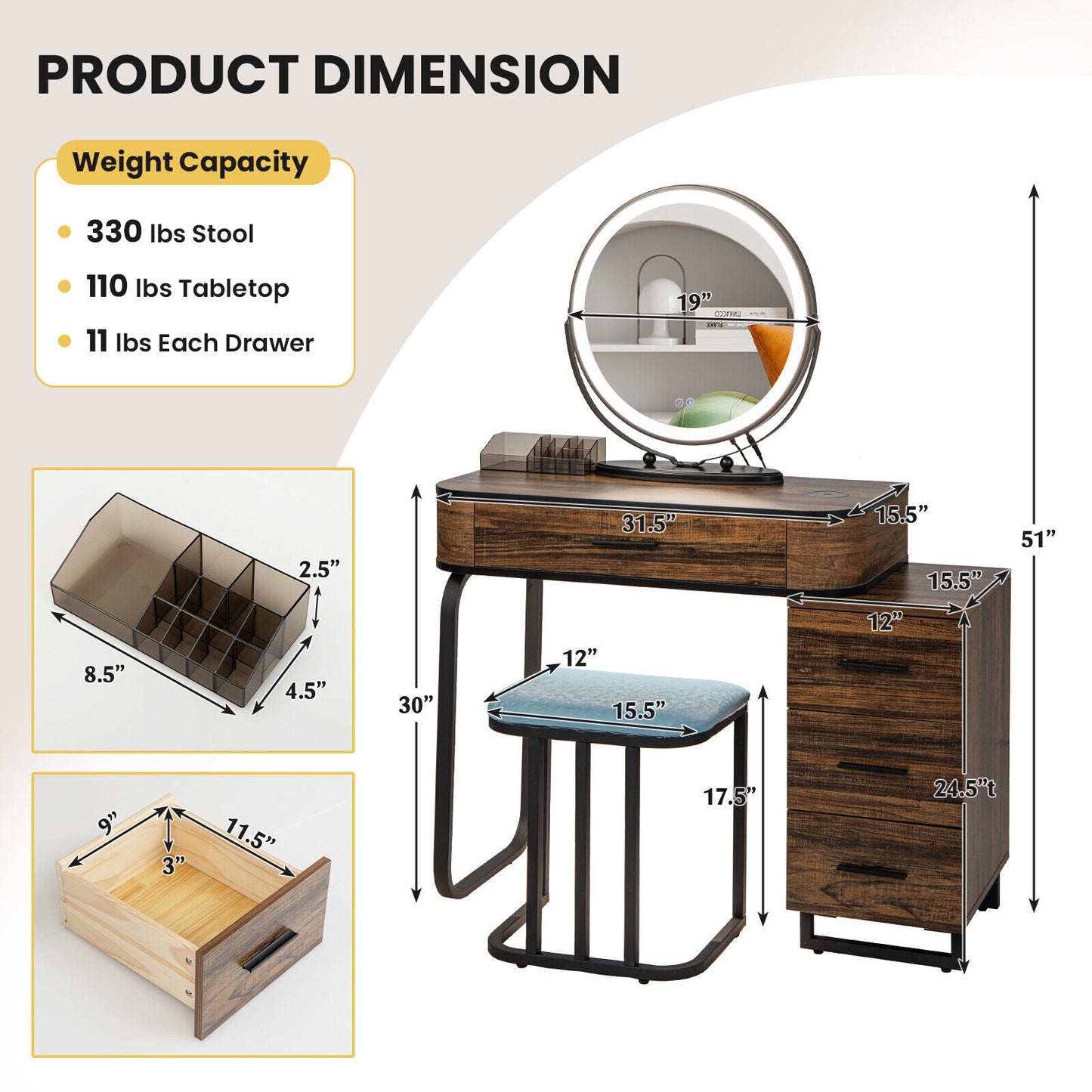 Lighted Makeup Vanity Table Set with Charging Station & Stool