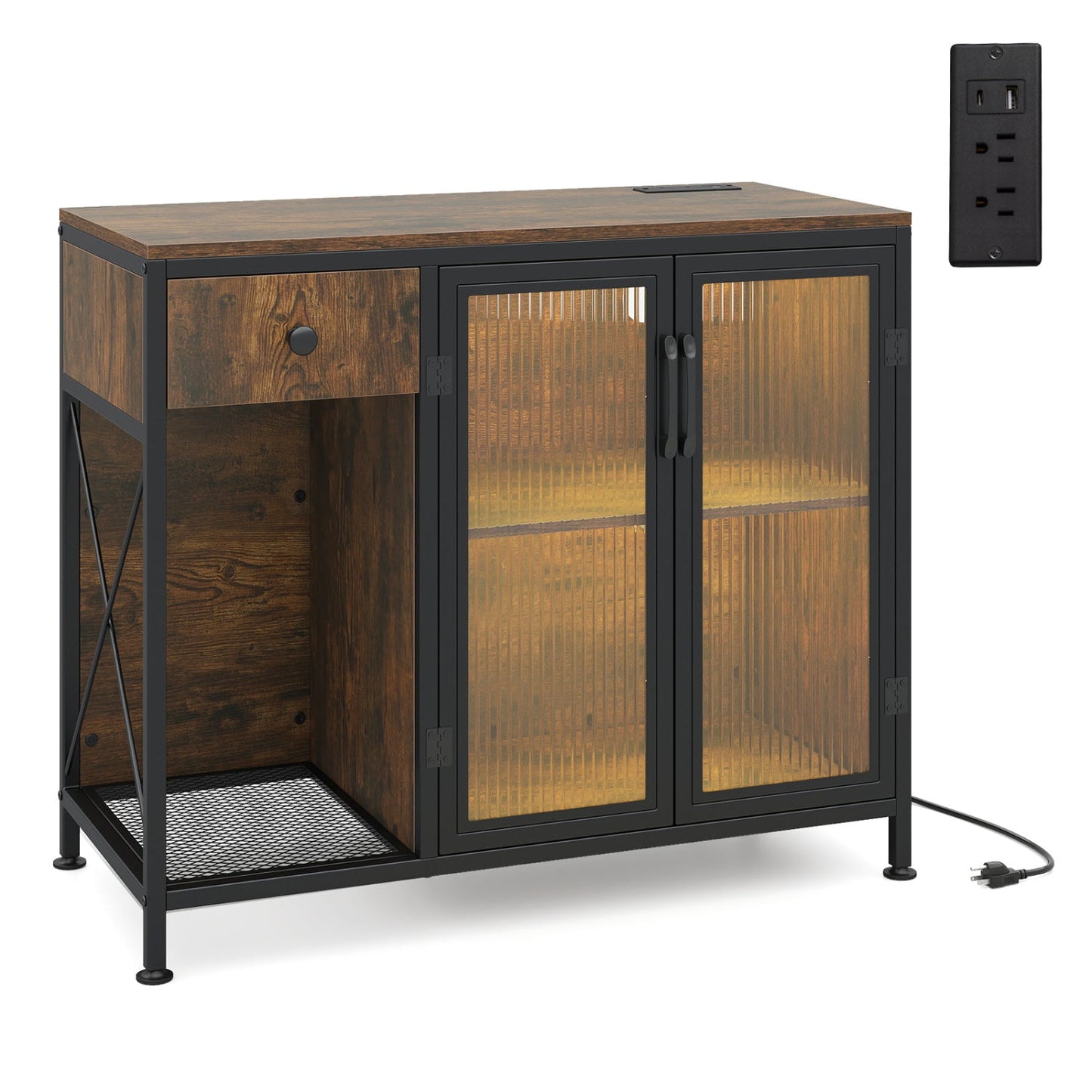 Buffet Sideboard with Doors Power Outlets and LED Light