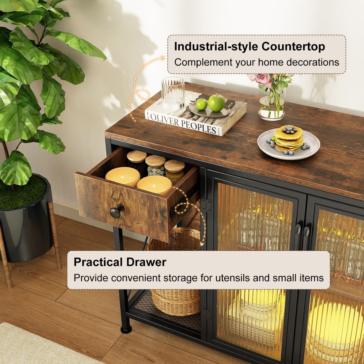 Buffet Sideboard with Doors Power Outlets and LED Light
