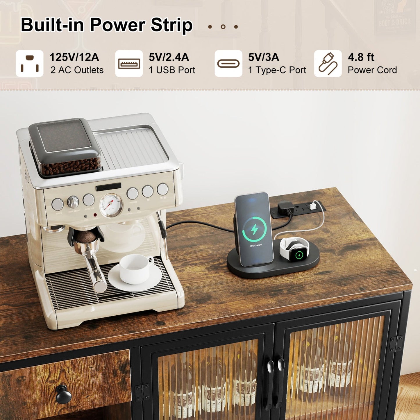 Buffet Sideboard with Doors Power Outlets and LED Light